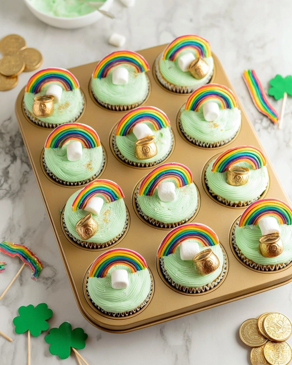 A gold muffin tray holds twelve cupcakes with light green frosting spread smoothly over the top layer. Each cupcake is decorated with a colorful rainbow candy strip bent into a curve across the frosting. At one end of the rainbow candy, there is a small golden round candy wrapped to look like a pot of gold. Two small white marshmallows sit placed beside the candy pot on each cupcake, adding a soft texture contrast. The tray is set on a white marbled surface with a few green four-leaf clover shaped decorations and some gold coin decorations spread around. There are also some rainbow candy strips on toothpicks scattered around the tray. Photo taken with an iphone --ar 4:5 --v 7