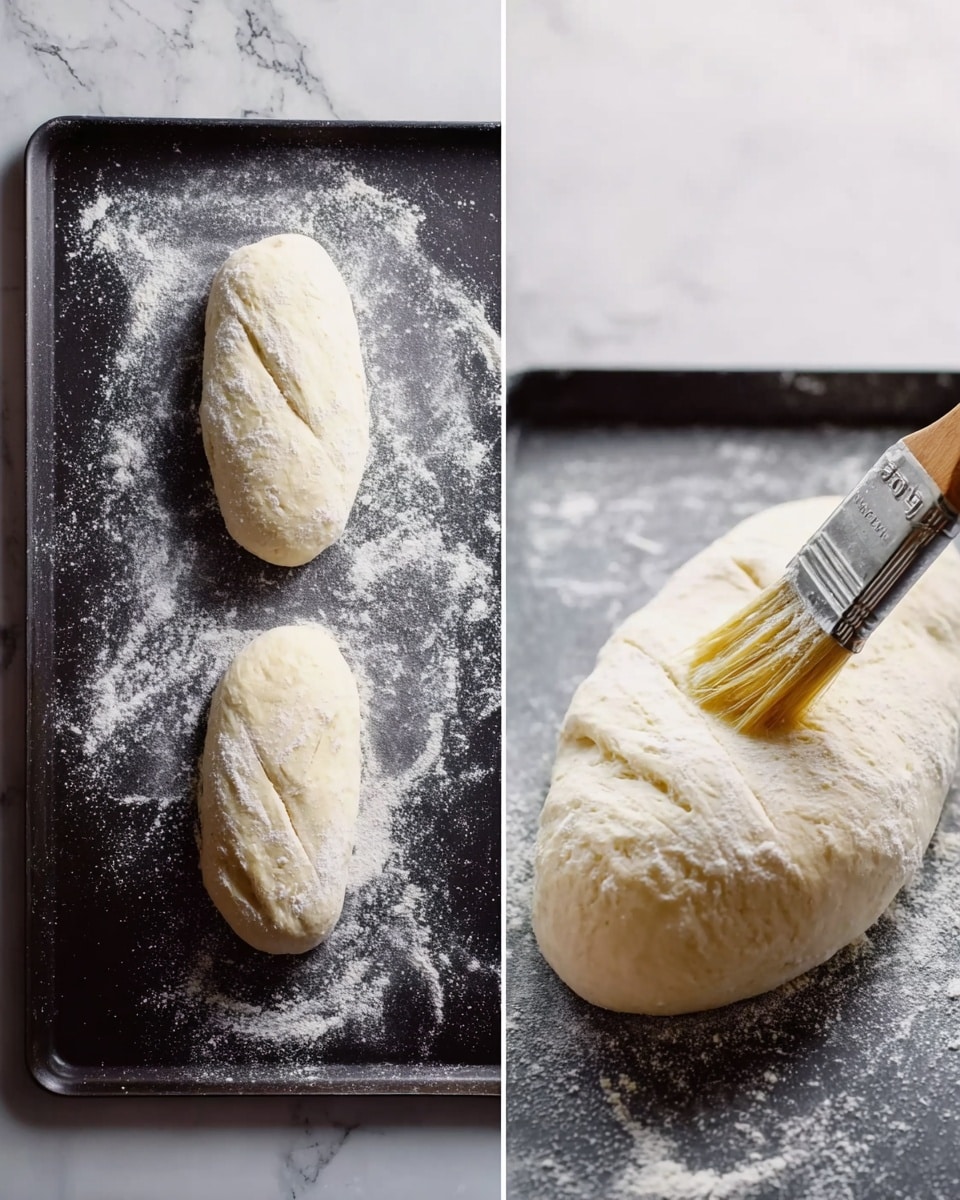 The image shows two small oval dough pieces on a dark baking tray sprinkled with flour, placed on a white marbled surface. On the right side, a close-up shows one dough piece being brushed with a wooden brush, revealing the dough's soft, pale texture. The dough looks smooth with some light folds and flour dust around. photo taken with an iphone --ar 4:5 --v 7