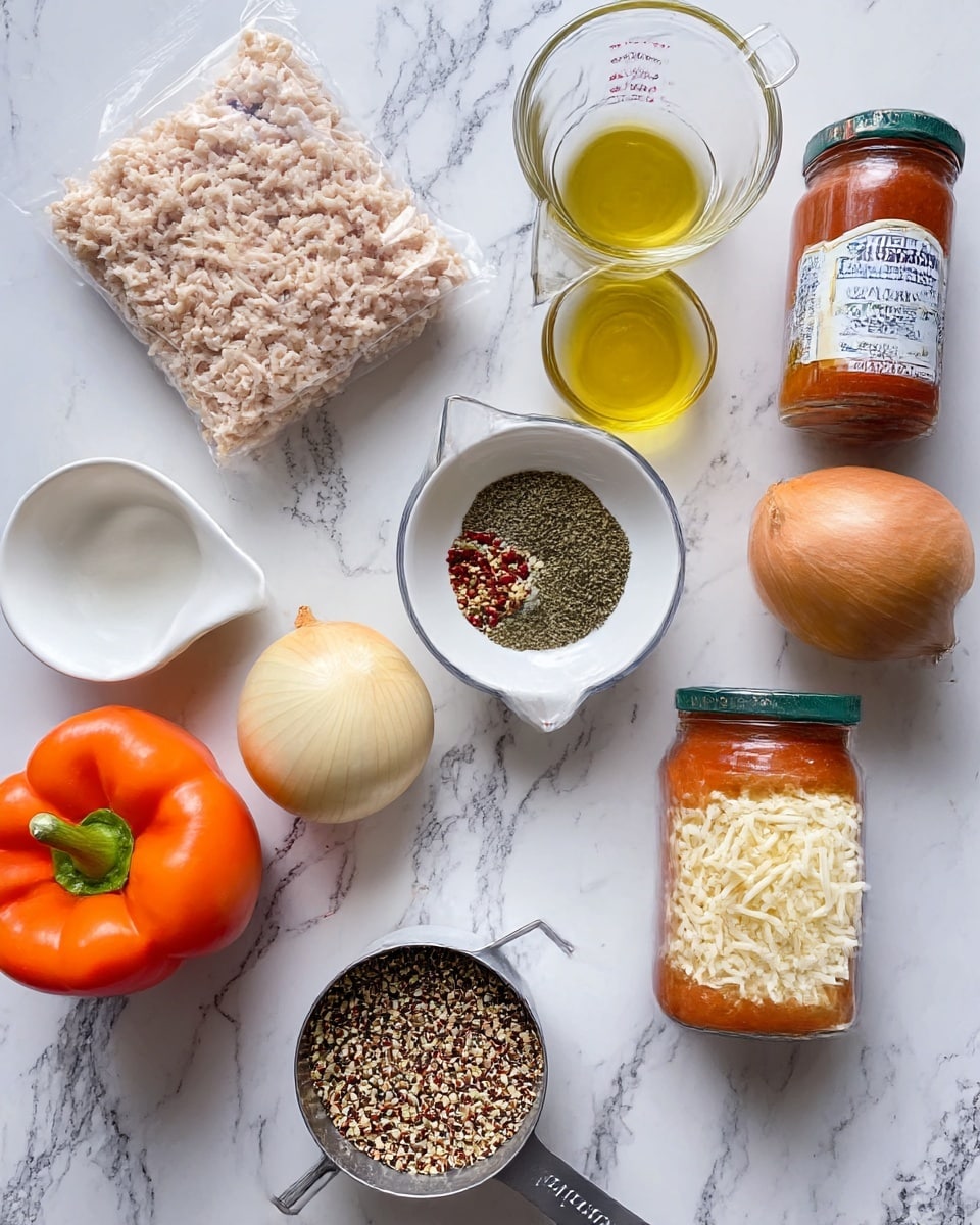 A top-down view of raw cooking ingredients placed on a surface with a white marbled texture including a clear plastic package of light pink ground chicken, a small white bowl with mixed spices of green herbs, black pepper, red flakes, and salt, a half-full clear measuring cup with light yellow liquid, a whole white garlic bulb, a small glass bowl with golden olive oil, a yellow onion with its stem, a white measuring cup filled with shredded white cheese, a metal measuring cup filled with tri-color quinoa, a jar of red marinara sauce with a green lid labeled Kirkland, and two whole bell peppers—one bright red and the other orange photo taken with an iphone --ar 4:5 --v 7