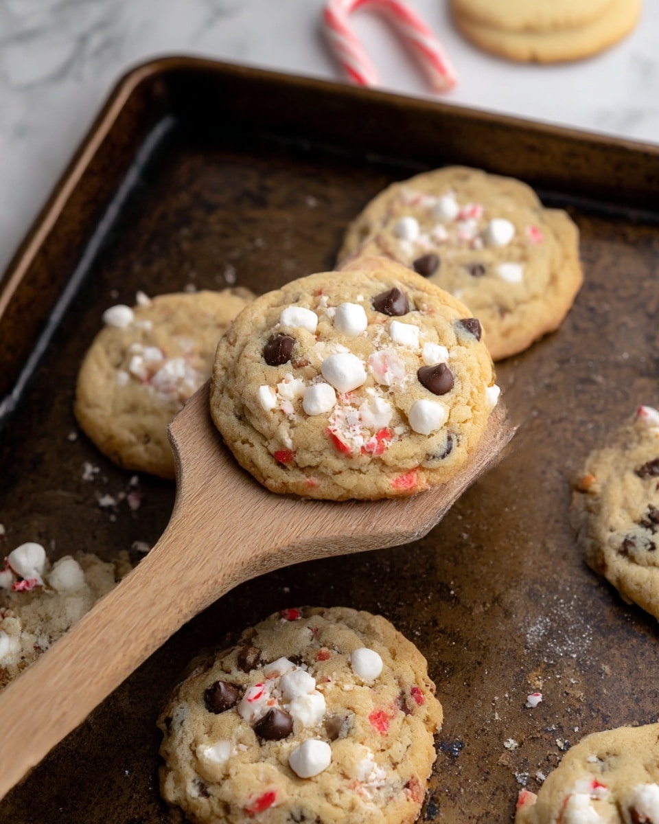 A wooden spatula holds one round cookie with a light golden color, scattered dark chocolate chips, and white and red marshmallow bits inside it; beneath the spatula, several similar cookies rest on a dark baking tray with a worn texture showing slight browning and crumbs. The cookies have a soft, slightly cracked surface with mixed colors from the marshmallows and chocolate chips. The background features a white marbled texture seen at the edges with a couple of white and red striped candy canes and a beige cookie slightly blurred in the back. Photo taken with an iphone --ar 4:5 --v 7