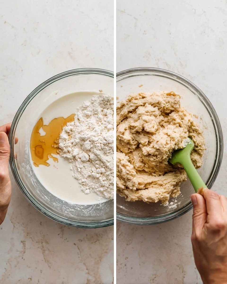 The image is split into two parts showing a clear glass bowl on a white marbled surface. On the left side, the bowl contains dry flour and a pool of white liquid, with a green spatula dipping into the mixture and some light brown syrup on top. On the right side, the bowl holds a rough, wet dough made from the mixture, with a woman's hands holding the bowl and the green spatula stirring the dough. The dough looks thick and slightly crumbly with uneven texture. Photo taken with an iphone --ar 4:5 --v 7