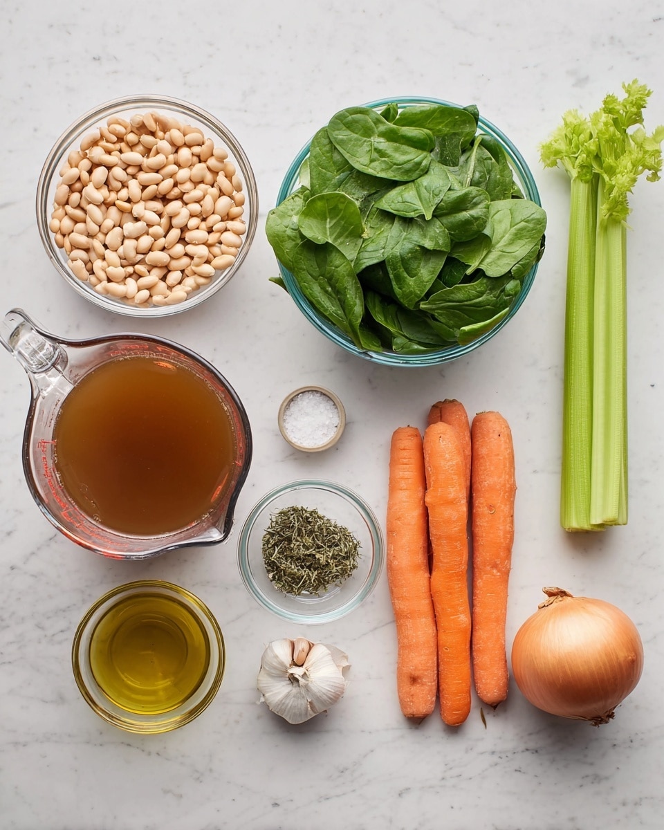 The image shows fresh cooking ingredients arranged neatly on a white marbled surface. Starting from the left, there is a transparent bowl filled with light beige beans, next to it a bowl with fresh green spinach leaves. Below the bowls, there is a clear glass measuring cup filled with brown broth. To the right of the broth, three whole orange carrots lay side by side, next to a small glass bowl holding green and black dried herbs and white salt, with two garlic cloves just below it. Beside the garlic sits a small glass container with golden olive oil, followed by a whole yellow onion with its root end visible. On the far right, there are three green celery stalks standing upright. Everything has a fresh, natural color and texture, laid out methodically for cooking. Photo taken with an iphone --ar 4:5 --v 7