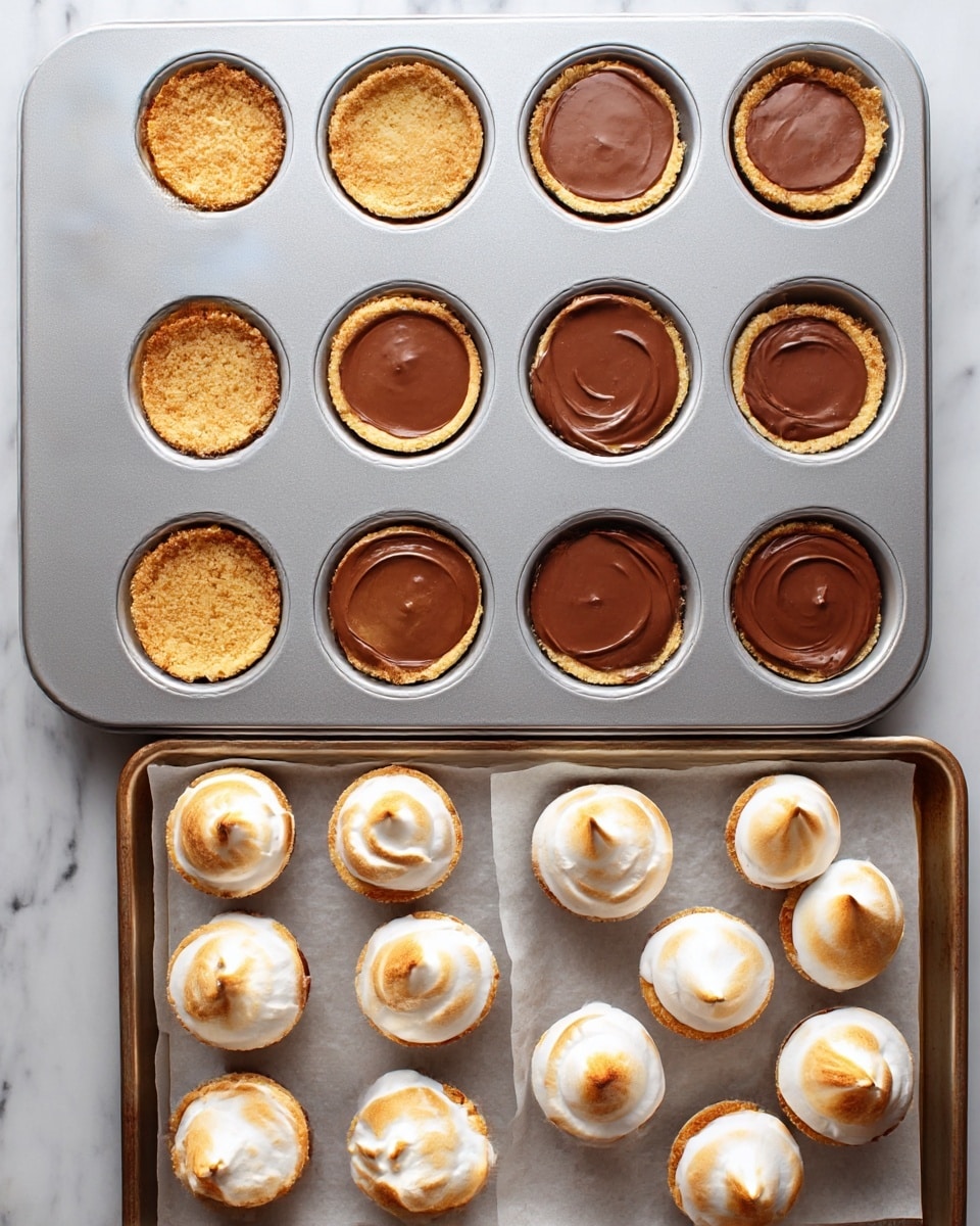 The image shows four stages of making mini desserts in a silver muffin tray on a white marbled surface. The first section shows the tray filled with one even layer of golden-brown crumb crust at the bottom of each cup, with no filling. The second section adds a smooth chocolate layer on top of the crust in half of the cups, while the rest still have only crust. The third section shows all cups fully filled with the smooth chocolate layer, evenly spread to the edges. The last section displays the finished mini desserts removed from the tray and placed on a baking sheet lined with parchment paper; each mini dessert has a thick, white lightly toasted meringue dome with golden brown peaks on top of the chocolate layer. Photo taken with an iphone --ar 4:5 --v 7