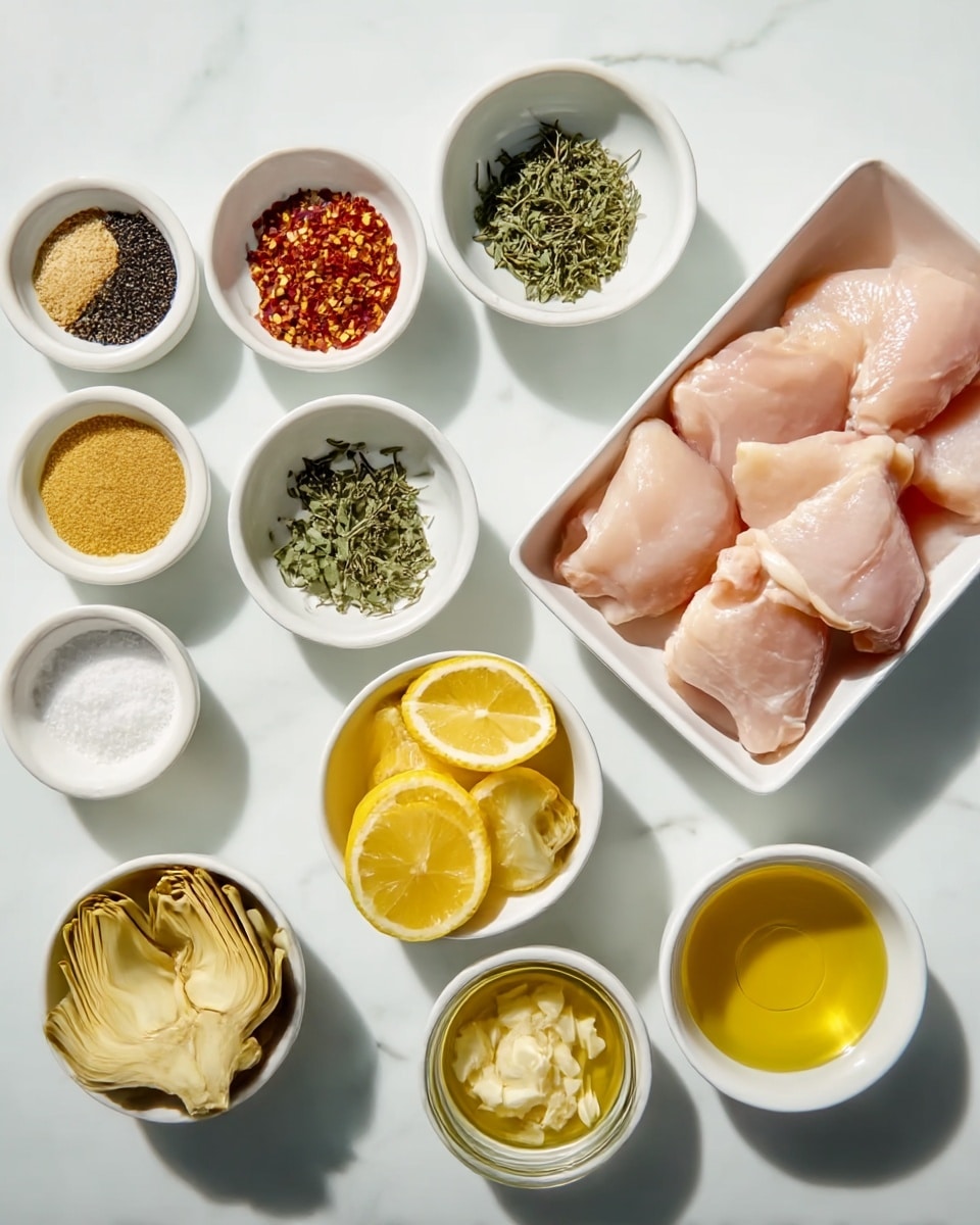 The image shows several small white dishes and bowls arranged on a white marbled surface, each holding different ingredients. Starting from the top left, there are three small bowls with ground black pepper, red pepper flakes, and salt. Below them are two more bowls, one with dried herbs and the other with fresh green herb sprigs. On the right side, there is a rectangular white bowl holding five raw chicken thighs. In the middle, there is a medium white bowl with lemon slices, another medium white bowl with artichoke hearts soaked in liquid, and two small bowls containing minced garlic and a golden liquid, likely oil. The arrangement is clean, bright, and colorful with a slight shadow. Photo taken with an iphone --ar 4:5 --v 7