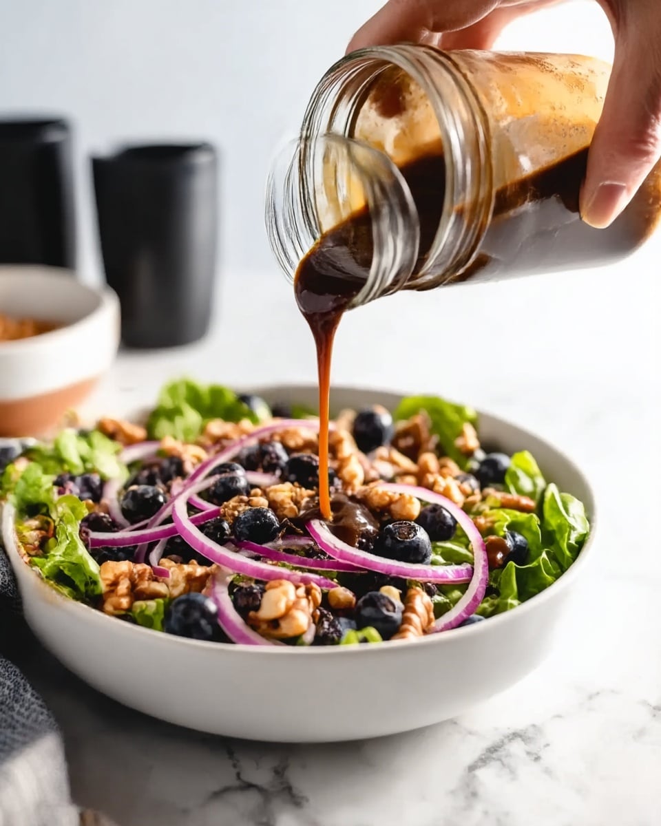A white bowl sits on a white marbled surface filled with a salad made of dark green lettuce, blueberries, and thin red onion slices scattered on top. Crunchy light brown nuts are spread across the salad. A woman's hand is pouring thick dark brown dressing over the salad from a small glass jar. In the background, there are black cups and a white bowl blurred out. photo taken with an iphone --ar 4:5 --v 7