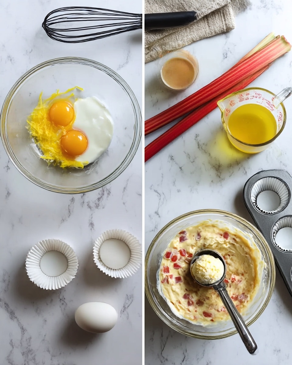 The left image shows a clear glass bowl placed on a white marbled surface with two eggs, white yogurt, and bright yellow lemon zest inside. To the right of the bowl, there is a clear measuring cup filled with a yellow liquid, likely melted butter or oil, and above the bowl, a black whisk rests partially on a cloth. The right image shows the same clear glass bowl on the white marbled surface, now filled with thick batter mixed with small red pieces, resembling rhubarb. A metal ice cream scoop is resting inside the batter, and above the bowl, three long stalks of rhubarb are laid horizontally along with a metal muffin tray containing two empty white paper muffin cups and one cup filled with the batter. photo taken with an iphone --ar 4:5 --v 7