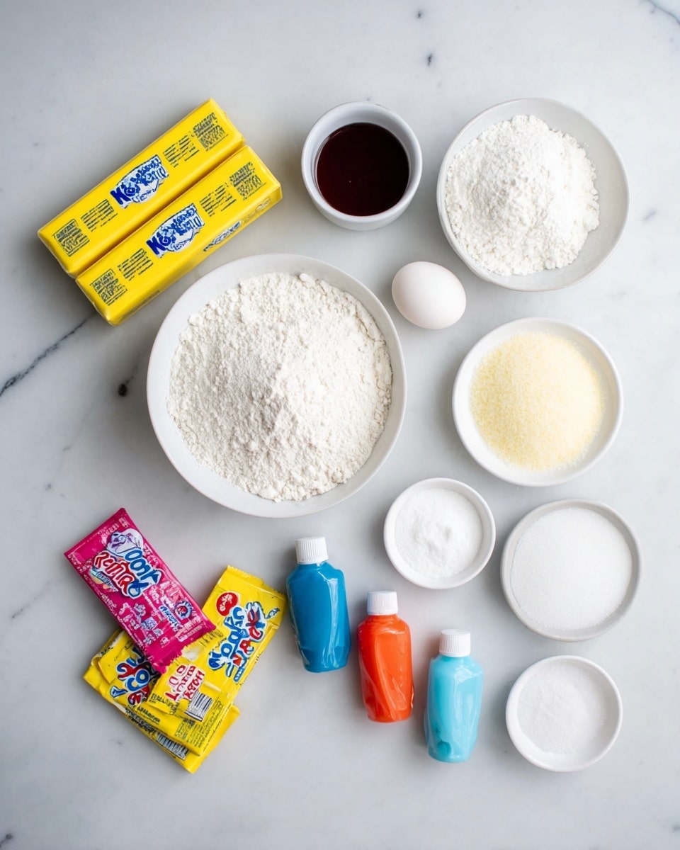 The image shows baking ingredients laid out on a white marbled surface, including two sticks of butter wrapped in yellow paper with blue text on the top left, a whole white egg below them, and a large white bowl filled with white flour near the center. To the upper center is a small white cup with dark brown liquid, and to the right of the flour is another white bowl filled with white granulated sugar. Near the bottom right are four small white bowls with different white powders and granules. At the bottom left are three colorful packets of Kool-Aid in yellow, pink, and blue, arranged next to three small bottles of food coloring in orange, blue, and red. The overall setup is neat on a clean white marbled surface. photo taken with an iphone --ar 4:5 --v 7