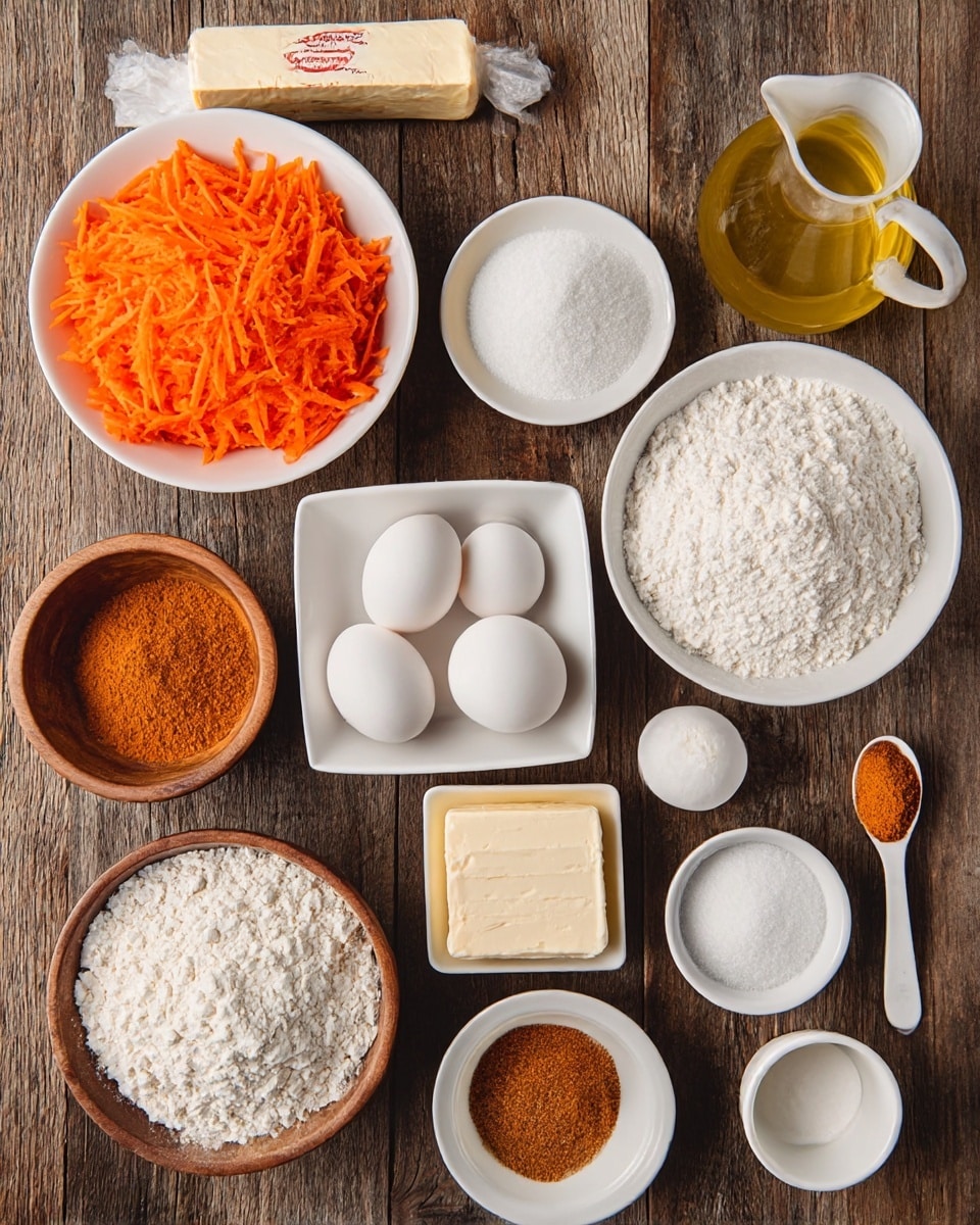 The image shows a neat arrangement of baking ingredients on a rustic wooden surface. There is a white bowl filled with bright orange shredded carrots at the top left, next to a stick of butter in its paper wrapper and a white jug of light yellow oil on the top right. Below the carrots is a white bowl full of white granulated sugar, and nearby, a small white bowl with a brown powder spice. In the center, there is a square white bowl holding three white eggs, and beside it, a large white bowl filled with white flour. Surrounding these are small bowls: one wooden bowl with a white powder, a white plate holding a block of cream cheese, a small white cup with a light brown sugar, a white bowl with powdered sugar, a white bowl with a white liquid, a white bowl with baking soda or salt, and a white small spoon with brown spice. Everything is arranged on a wooden surface with no other items visible. Photo taken with an iphone --ar 4:5 --v 7