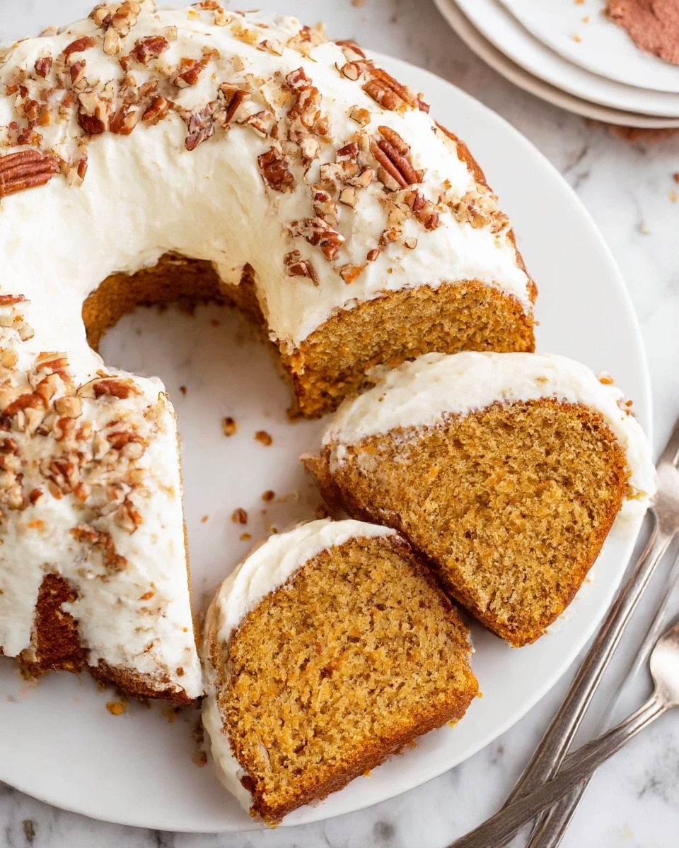 The image shows a sliced bundt cake with a golden brown color and a soft, crumbly texture visible in each slice. On top of the cake, there is a thick layer of white cream cheese frosting covering the entire cake, with bits of chopped pecans sprinkled over the frosting. The cake sits on a white plate placed on a white marbled surface. Near the plate, there are two metallic forks resting beside it. photo taken with an iphone --ar 4:5 --v 7