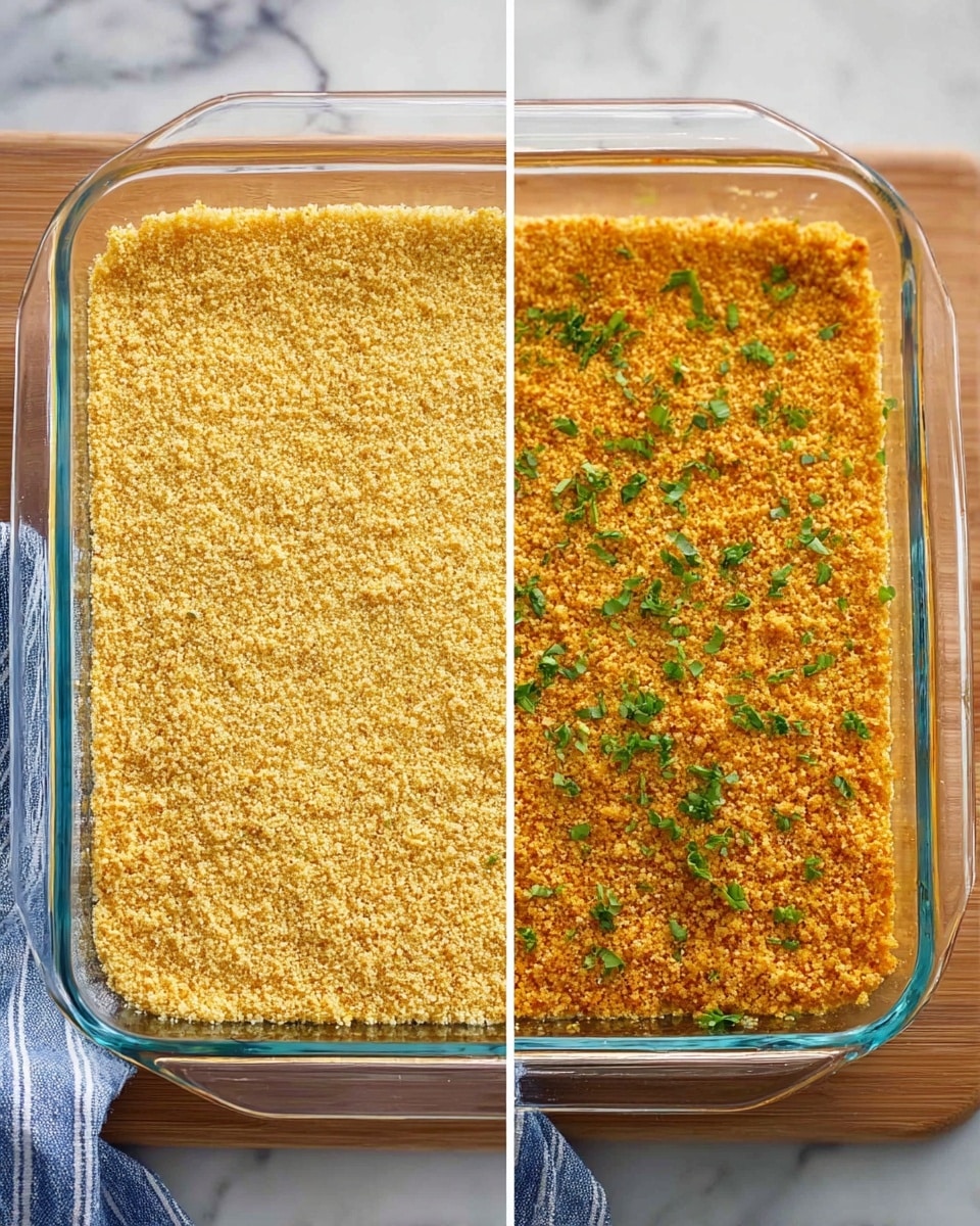 The image shows a clear rectangular glass baking dish with two views side by side. The left side shows the dish filled with a thick, evenly spread layer of finely ground golden breadcrumbs, covering the dish completely with a slightly rough texture. The right side shows the baked version, where the breadcrumb layer has turned a rich golden brown with a crunchy look, sprinkled sparsely with small fresh green herb leaves, adding a touch of color on top. The dish sits on a white marbled surface with part of a blue and white striped cloth visible in the background. Photo taken with an iphone --ar 4:5 --v 7