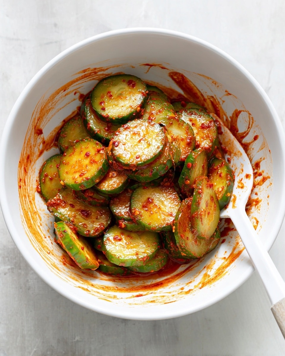 A white bowl sits on a white marbled surface, filled with thin cucumber slices coated in a thick, textured red-orange spicy sauce with red chili flakes visible. The cucumber slices are stacked, glossy, and wet from the sauce. An off-white spatula inside the bowl has some sauce on it, resting against the side. The sauce is spread around the upper inside rim of the bowl, showing splatter marks that give a messy, fresh-mixed look. Photo taken with an iphone --ar 4:5 --v 7