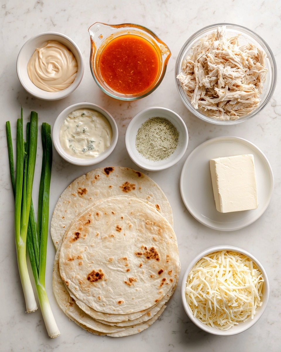 The image shows several ingredients arranged neatly on a white marbled surface. There are three round tortillas at the bottom, soft and light beige with some brown spots. To the right, on a small white plate, is a single block of cream cheese, smooth and pale in color. Above the tortillas, two small white bowls hold different things: one has a creamy mix of light beige mayo and sour cream, the other contains a greenish-white ranch seasoning powder with some white salt or sugar. To the left side of the image, three scallions lie flat with bright green tops and white roots. At the top center, there is a clear glass measuring cup filled with a bright orange buffalo sauce. Next to it on the right, a larger clear glass measuring cup contains shredded chicken, light tan in color. Below the scallions, a small white bowl is filled with shredded mozzarella cheese, pale yellow and fine in texture. Photo taken with an iphone --ar 4:5 --v 7