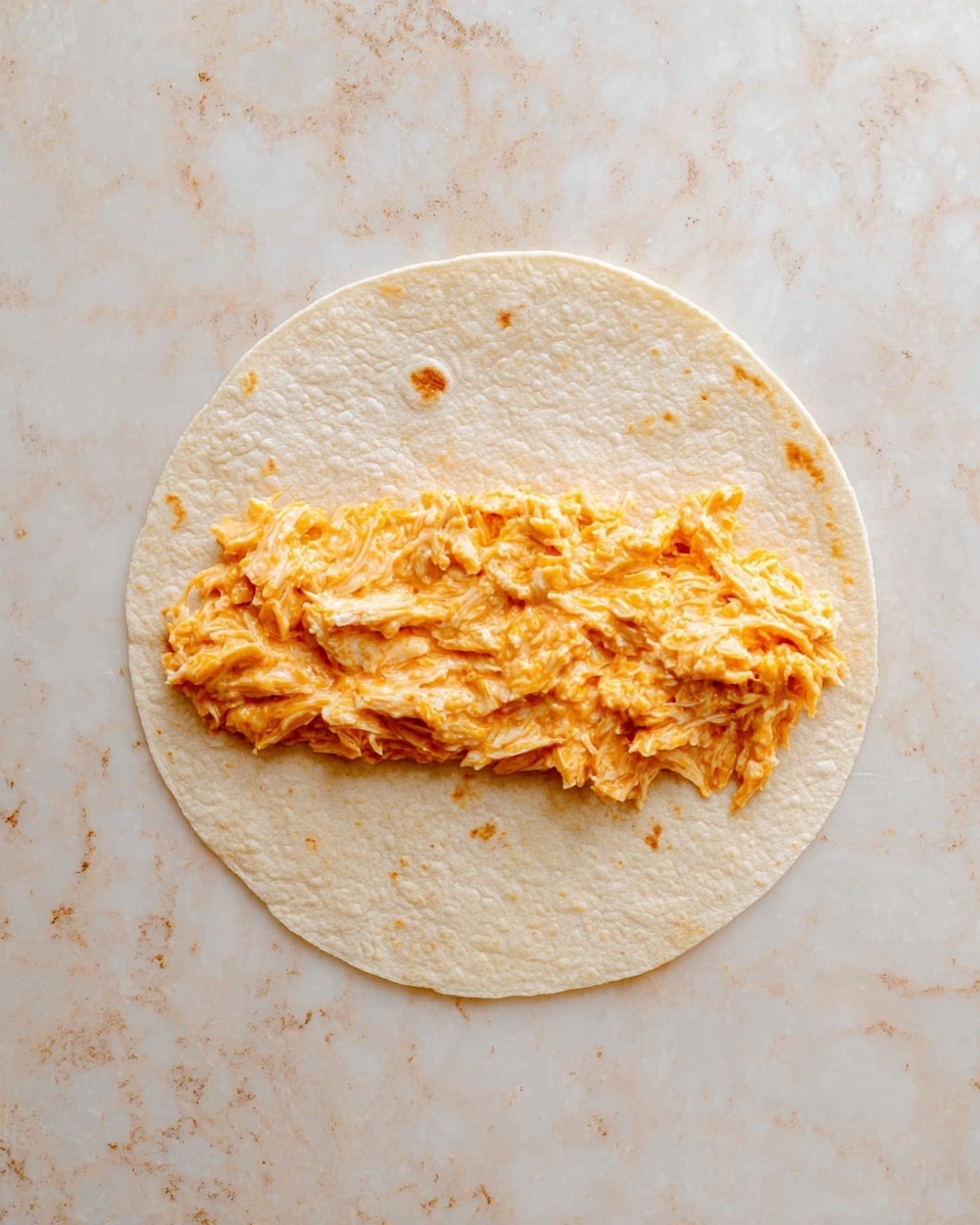 A flat round tortilla with a soft, light beige color is placed on a white marbled surface. On the bottom center of the tortilla, there is a spread of orange, creamy shredded mixture that looks moist and slightly chunky, filling about one-fifth of the tortilla width and about a finger's height. The texture of the mixture is smooth but with visible shreds creating some roughness on top. photo taken with an iphone --ar 4:5 --v 7