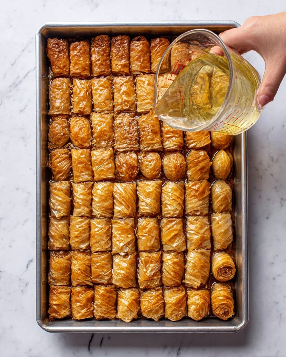 A large rectangular metal tray is filled with neatly arranged golden-brown rolled pastries, all lined up in rows with a few dumpling-like shapes at the top and bottom edges. The pastries have a shiny glaze, and a woman's hand holding a clear glass measuring cup is pouring a light syrup over the top right corner. The texture of the pastries is crisp and slightly wrinkled, showing layers of baked thin dough. The tray sits on a white marbled surface. photo taken with an iphone --ar 4:5 --v 7