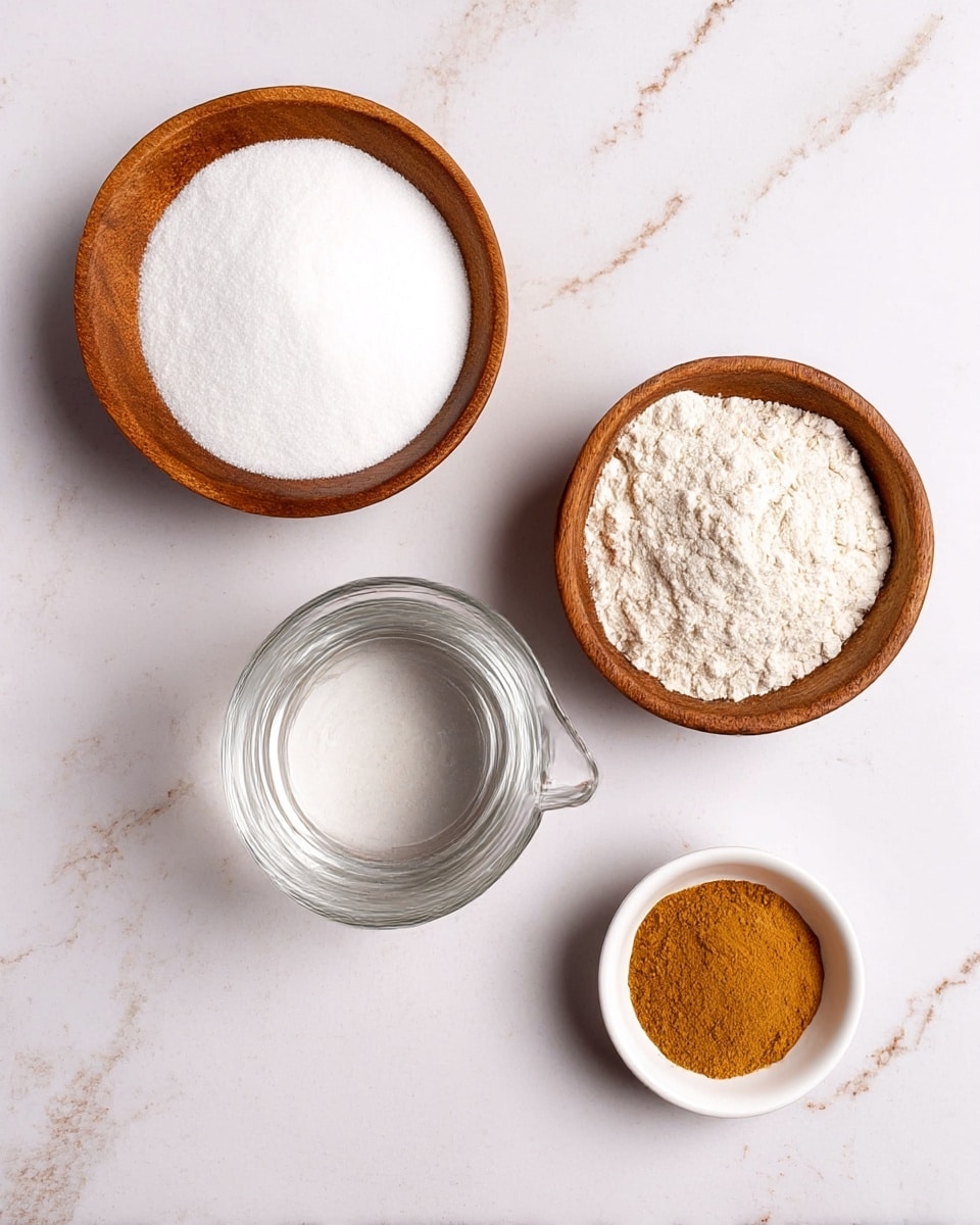 This image shows five containers of raw cooking ingredients arranged on a white marbled surface. There are two wooden bowls, one holding white granulated sugar and the other filled with white flour, both with smooth textured contents. Two small white bowls contain fine ground spices: one cinnamon-colored and the other a light brown shade, with powdery textures. A clear glass measuring cup holds a transparent liquid, likely water, showing smooth reflections. The containers are spaced evenly in a rough semi-circle, creating a neat and clean composition. Photo taken with an iphone --ar 4:5 --v 7