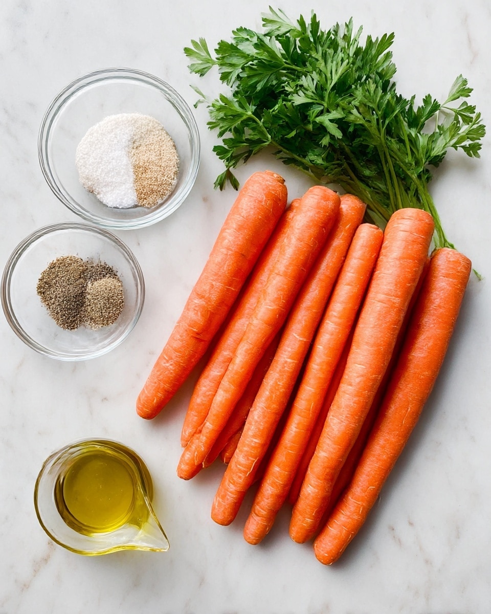 The image shows nine whole orange carrots placed together in two rows, with their ends all facing right, lying on a white marbled surface. Above the carrots, there is a small bunch of green parsley with fresh leaves. To the left of the parsley, there is a clear glass bowl containing two piles of seasonings: one white and one black. Below the bowl, there is a small glass container of light yellow oil with a pointed pour spout. The setting is simple and clean, with all ingredients arranged neatly on the white marbled background. photo taken with an iphone --ar 4:5 --v 7