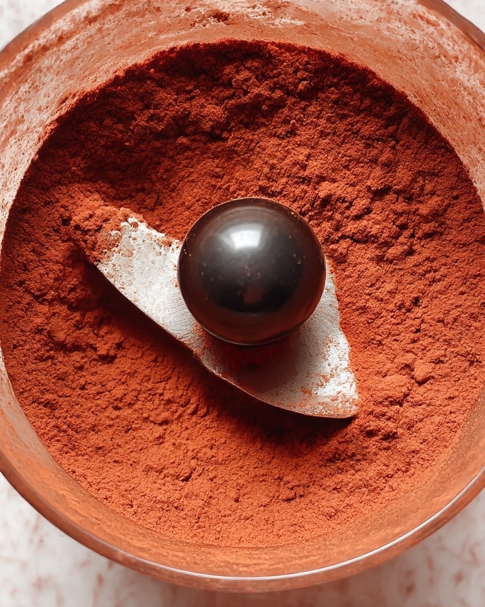 A close-up view inside a round blender container shows a thick layer of fine, reddish-brown powder evenly spread all around the inner walls. At the center, a metal blade with a shiny black spherical knob rests on top of the powder, slightly covered by it but still visible. The powder appears soft and powdery in texture, filling the container to a shallow depth, with some powder dust sticking to the sides. The background is a white marbled texture photo taken with an iphone --ar 4:5 --v 7