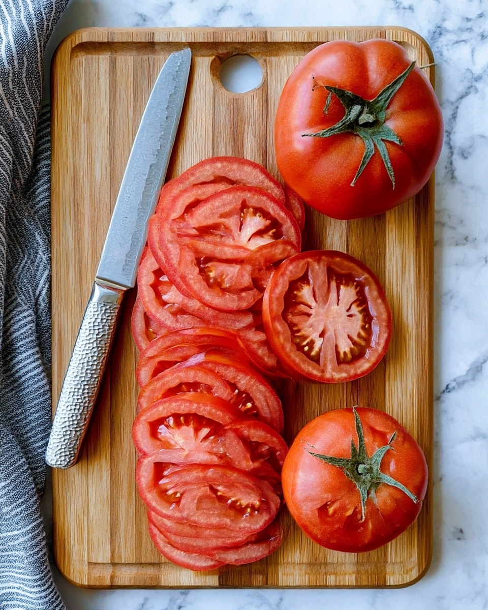 A wooden cutting board with two whole red tomatoes with green stems at the top right side. Below the whole tomatoes are two neat rows of thinly sliced red tomato pieces that show the juicy texture and seed patterns clearly. A silver knife with a textured handle lies diagonally across the top left section of the board. The surface under the board is a white marbled texture, with a gray and white striped cloth peeking from the left side. Photo taken with an iphone --ar 4:5 --v 7