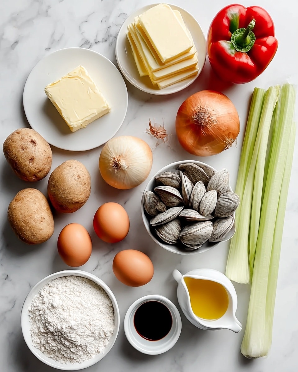 The image shows a flat lay of cooking ingredients arranged neatly on a white marbled surface. There are three whole potatoes and three brown eggs placed scattered near the center-left. Two whole onions and a whole garlic bulb rest toward the upper middle. Two bell peppers, one red and one green, are on the upper right. A stack of pale yellow butter slices lies on a small white plate on the top left. Below the potatoes and eggs, there is a white bowl filled with white flour. To the right of the flour, another white bowl holds grey clams in shells. Next to the clams, a small white pitcher contains yellow oil, and below that, another small white bowl holds a dark liquid, likely soy sauce. On the far right, three stalks of pale green celery lie parallel to each other. The photo is taken with an iphone --ar 4:5 --v 7