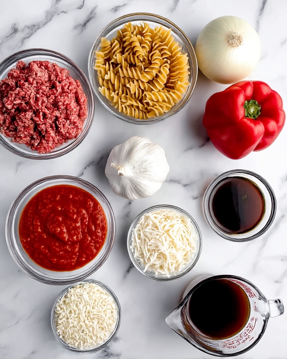 The image shows eight clear bowls and some whole vegetables on a white marbled surface. The top row from left to right has a bowl filled with raw ground beef in a pinkish-red color, a bowl with raw spiral pasta that is light yellow, a whole white onion with a smooth texture, a white garlic bulb with a rough outer skin, and a whole bright red bell pepper with a shiny surface. The bottom row from left to right shows a bowl filled with red tomato sauce, a bowl with shredded mozzarella cheese that is white and fluffy, a small bowl of Italian seasoning with a greenish-brown dry texture, and a clear measuring cup with dark brown beef stock liquid inside. Each bowl is transparent and the food inside is clearly visible. Photo taken with an iphone --ar 4:5 --v 7