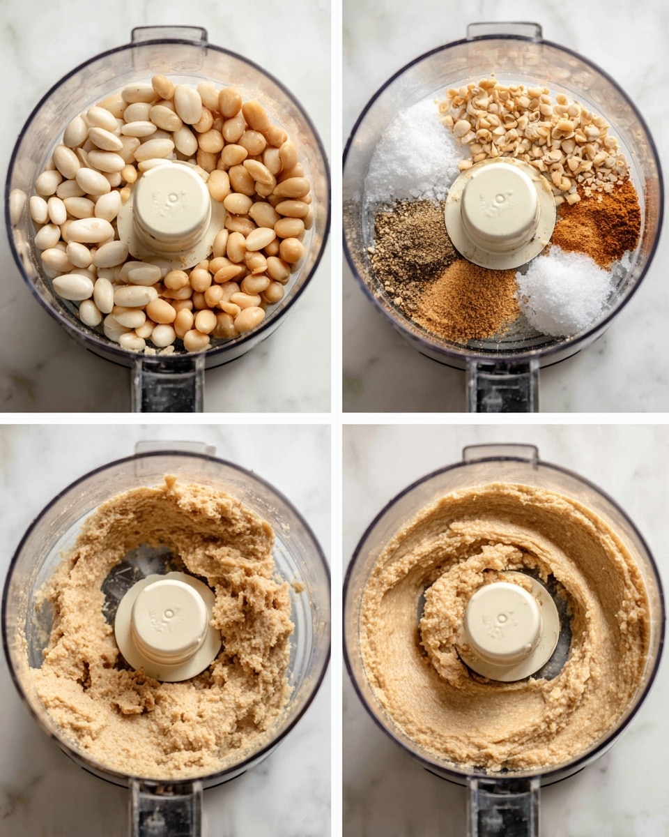 A white round bowl inside a food processor shows four stages of making a paste. In the first image, the bowl is filled with three sections of ingredients: creamy white beans, light brown toasted pine nuts, and some beige garlic cloves arranged around the blade in the center. In the second image, the same ingredients are there with added small piles of salt, white granules, and brown spice on the right side near the beans. The third image shows the ingredients mostly ground into a thick, coarse beige paste, spread around the blade with a rough texture. The last image shows the paste becoming smoother, light beige in color, creamy and even, coating the sides of the bowl near the blade. The background is white marbled. photo taken with an iphone --ar 4:5 --v 7