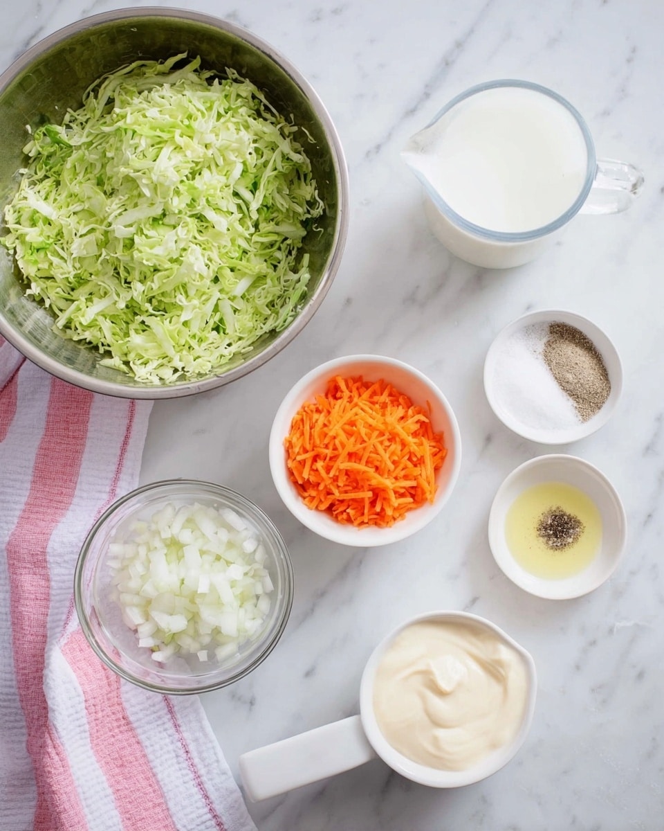 The image shows several ingredients placed on a white marbled surface. In the top left corner, there is a large silver bowl filled with finely shredded green cabbage. Below it, on the left side, a small clear glass bowl contains finely chopped white onions, sitting on a pink and white striped cloth. Next to it is a white small bowl filled with shredded bright orange carrots. Moving to the right, there is a white bowl containing white granulated sugar and a small amount of black pepper. Above this bowl, there is a small clear glass pitcher with a white liquid, likely milk or cream, and beside it a small clear glass bowl holding a pale yellow liquid, perhaps oil or vinegar. Slightly below and right to these, a white measuring cup filled with creamy white mayonnaise rests on the surface. The arrangement gives a clear view of each ingredient, spaced apart neatly. Photo taken with an iphone --ar 4:5 --v 7