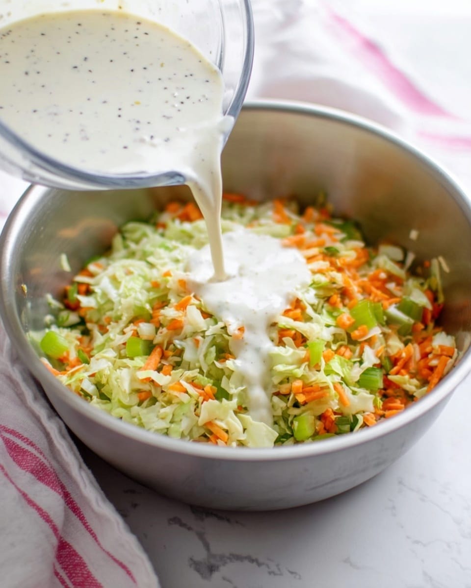 A large metal bowl filled with a mix of finely chopped vegetables including green celery, white cabbage, and orange carrots. Above the bowl, a smaller clear glass bowl is tilted, pouring a creamy white sauce with tiny black specks into the vegetable mix. The scene is set on a white marbled surface with a white and pink striped cloth next to the bowl, giving a fresh and clean look. photo taken with an iphone --ar 4:5 --v 7