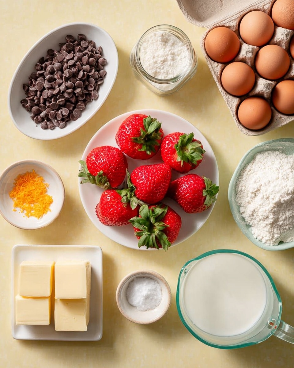 The image shows a flat lay of various baking ingredients on a pale yellow surface. In the center is a white plate with bright red strawberries with green leaves. Around it, starting from the top left, there is a white oval plate with dark brown chocolate chips, a small glass jar of white granulated sugar, a cardboard carton with three brown eggs on the top right, and a small white bowl with orange zest beside it. Below the strawberries, there is a white rectangular dish with three pieces of pale yellow butter, a small bowl with white liquid (likely milk), a white measuring cup filled with white flour, and a small white bowl of salt. The ingredients are arranged neatly and clearly visible, with soft natural lighting. photo taken with an iphone --ar 4:5 --v 7