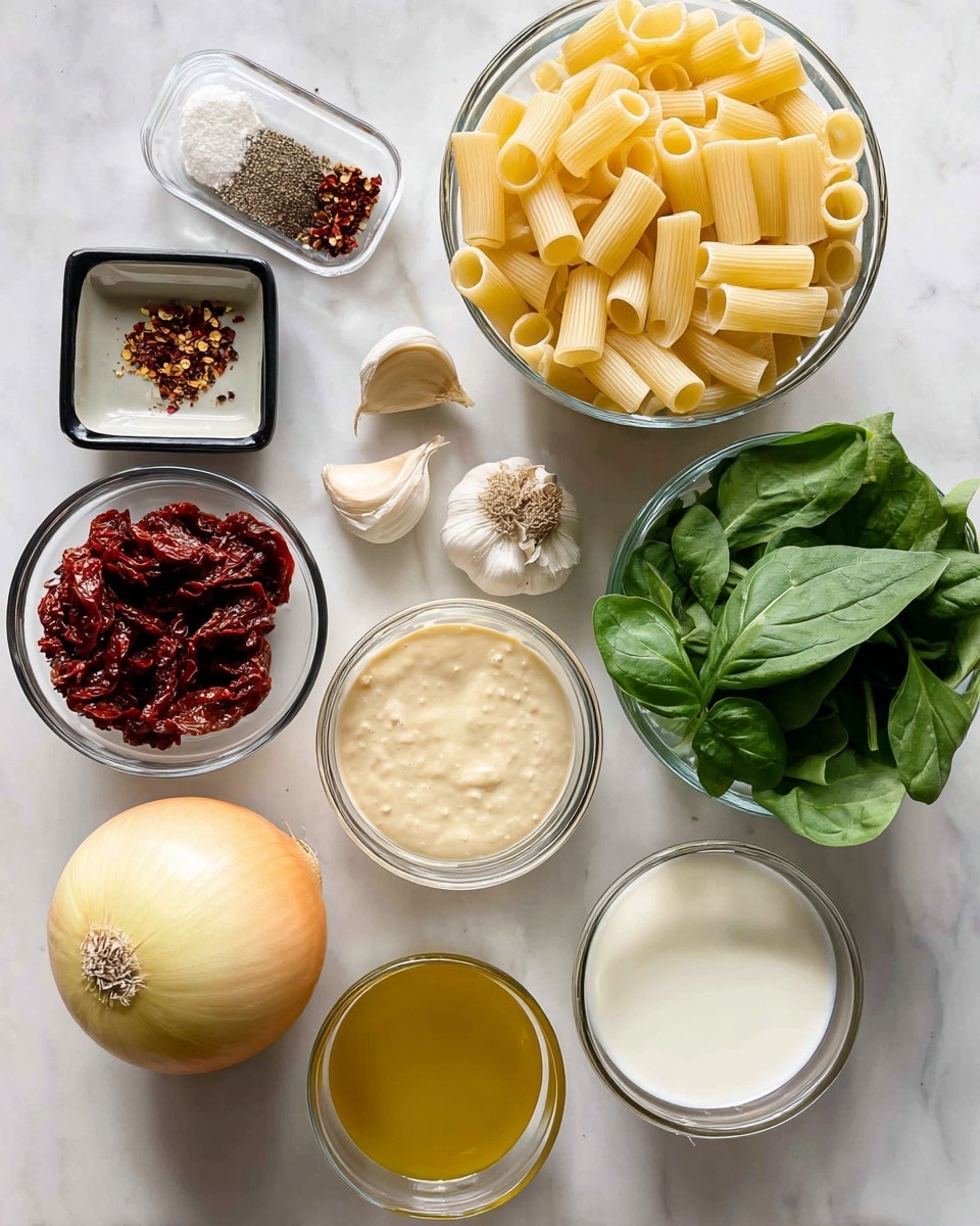 A white marbled surface holds several clear glass bowls and fresh ingredients arranged neatly. At the top right, a bowl is filled with light yellow uncooked rigatoni pasta. Below and to the left, a bowl shows deep red sundried tomatoes in oil, while next to it sits a creamy beige bowl of tahini. A bowl of white non-dairy milk rests in the bottom center, with a slightly cloudy bowl of lemon juice just above it. To the left of these, a small bowl contains golden maple syrup. A large whole yellow onion is placed centrally, with fresh green basil leaves to the far left and fresh dark green spinach leaves on the right side. In the top left, a small black dish holds salt and red pepper flakes. A few cloves of garlic lie beside the lemon juice bowl. The photo is taken with an iphone --ar 4:5 --v 7