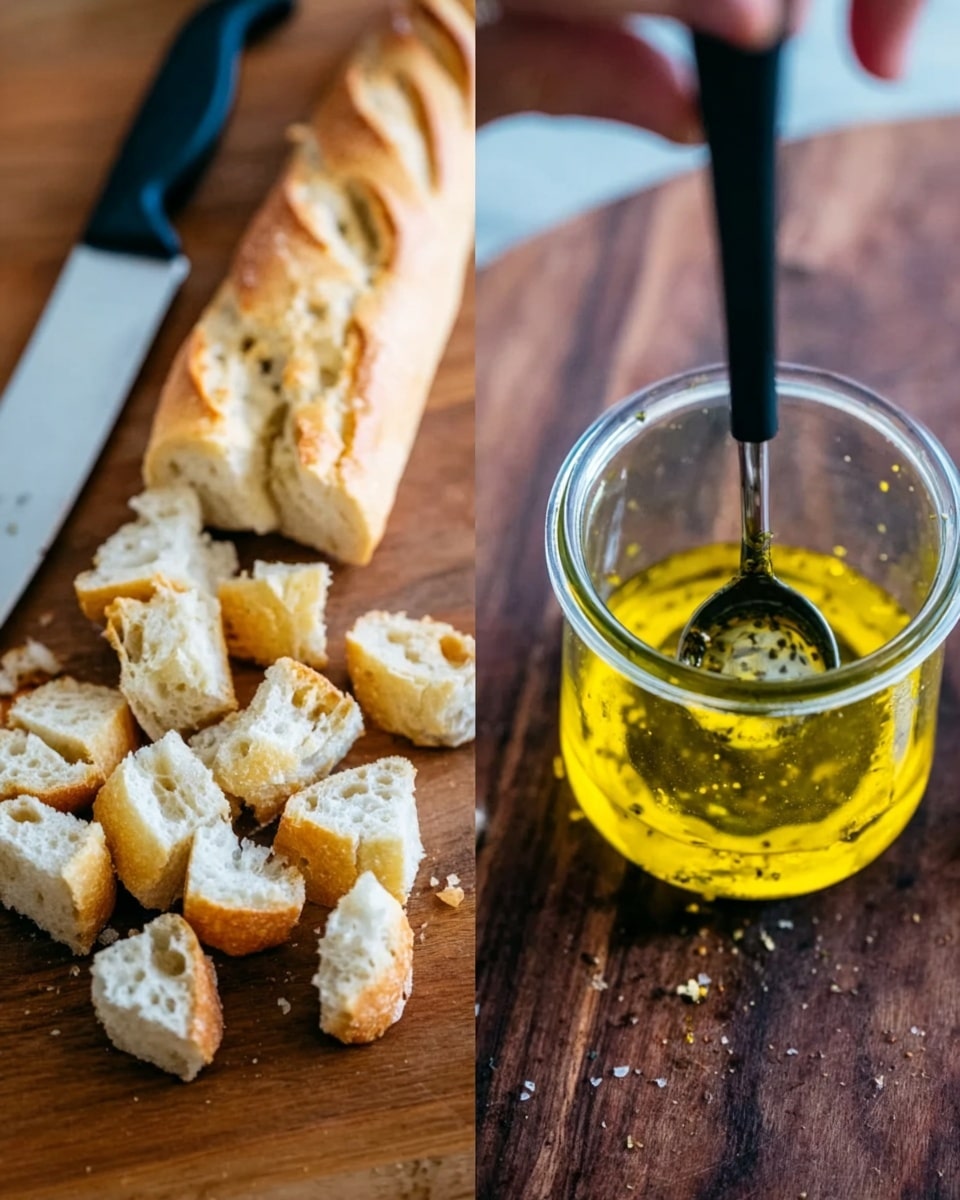 The image shows a white marbled surface with two main parts: on the left, a long baguette partially sliced into small pieces placed on a wooden cutting board alongside a knife with a black handle; on the right, a glass jar filled with yellow olive oil, with a black-and-silver measuring spoon partially dipped in the oil, held by a blurred woman's hand. The baguette pieces are light golden with a soft, airy texture inside, and the cutting board is dark brown with visible wood grains. Photo taken with an iphone --ar 4:5 --v 7