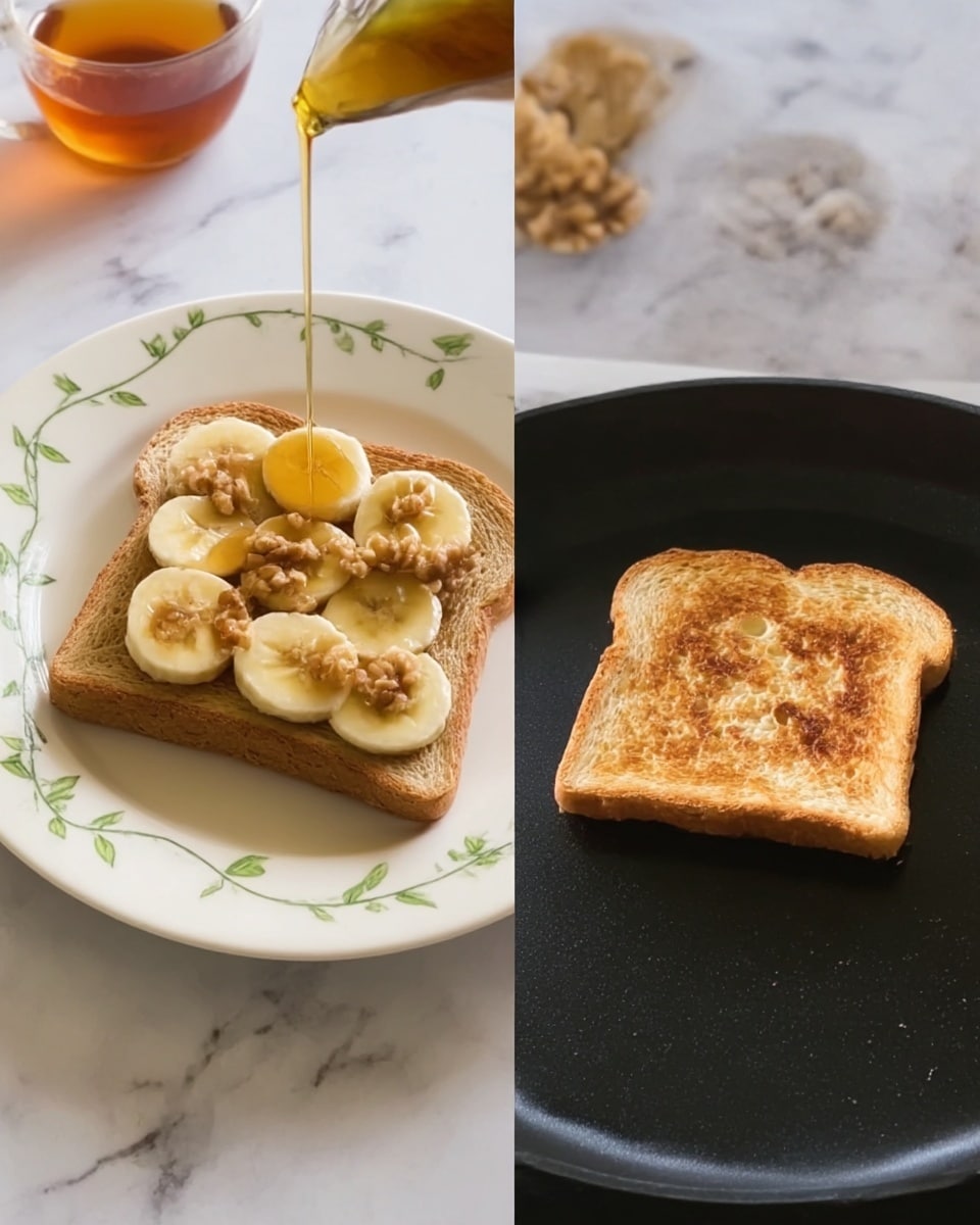 The image shows two views of a simple toast dish. On the left side, a slice of light brown toasted bread is on a white plate with a green vine pattern near the edge, topped with slices of yellow banana arranged evenly. Over the bananas, crushed light brown walnuts are scattered. A small stream of golden syrup is being poured slowly onto the toast from above. The background is a white marbled surface with a cup of amber liquid and a small bowl of walnuts nearby. On the right side, there is a single slice of toasted bread with light tan and golden brown coloring, sitting on a black cooking pan. The toast has some small bubbles and uneven toasted spots. Photo taken with an iphone --ar 4:5 --v 7