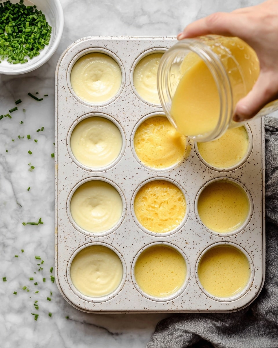 A white speckled baking tray with nine round molds is filled mostly with a light yellow egg mixture that looks fluffy and smooth. The top six molds hold a creamy pale yellow egg blend, while the bottom middle and right molds have a more vibrant yellow mixture with a slightly textured surface. The bottom left three molds are empty but lightly coated with oil. A woman's hand is holding a clear jar, pouring the bright yellow mixture into the bottom right mold. In the top left corner, a white bowl with fresh green chopped chives is partly visible. The surface underneath everything is a white marbled texture, and a grey cloth is positioned on the right. photo taken with an iphone --ar 4:5 --v 7