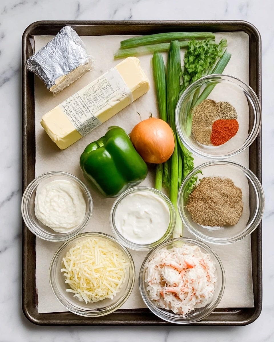 The image shows a baking tray with parchment paper on a white marbled surface. On the tray, there is a stick of butter wrapped in paper and labeled, a small block of silver foil, a whole green bell pepper, a brown onion, and a bunch of fresh green herbs with several green onions. There are also five small transparent glass bowls containing different ingredients: one bowl with white creamy substance, another with a mix of spices including brown and red powder, one with shredded white cheese, another filled with white thick cream, and a central bowl with shredded crab meat in the middle. The colors vary from green, white, yellow, brown to red, arranged neatly. photo taken with an iphone --ar 4:5 --v 7