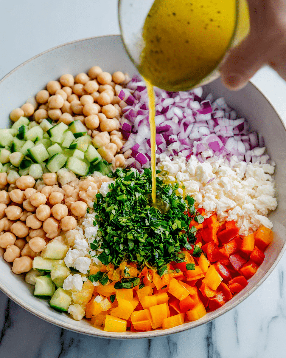A white bowl holds a colorful salad with nine layers arranged in sections: light brown chickpeas, pale green diced cucumber, purple chopped red onion, white crumbly cheese, light beige beans, orange diced bell pepper, yellow diced bell pepper, red diced bell pepper, and a pile of bright green chopped herbs in the center. A woman's hand pours a golden yellow dressing over the green herbs. The bowl sits on a white marbled surface. photo taken with an iphone --ar 4:5 --v 7