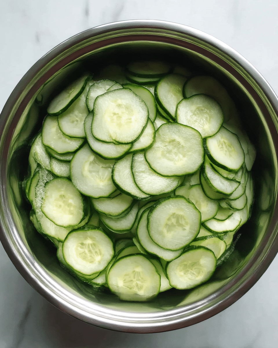 A round stainless steel bowl filled with many thin, round slices of cucumber, layered loosely on top of each other. The cucumber slices are pale green with a darker green edge, showing their fresh and moist texture. The bowl is placed on a white marbled surface. Photo taken with an iphone --ar 4:5 --v 7