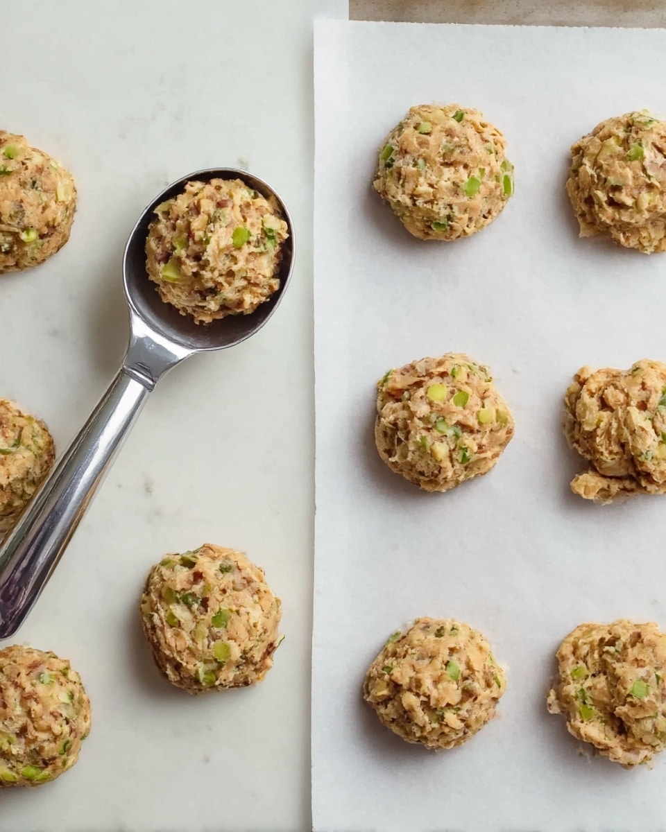 The image shows two sets of uncooked cookie dough mounds on white parchment paper placed on a white marbled surface. Each set has six roughly round mounds spaced evenly. The dough looks chunky with visible bits of green and brown inside, giving it a textured appearance with a mix of light brown and green colors. On the left side, a silver cookie scoop is resting, partially filled with dough. The dough shapes are thicker and more uneven in the right set compared to the left, showing some variation in shape and texture. Photo taken with an iphone --ar 4:5 --v 7