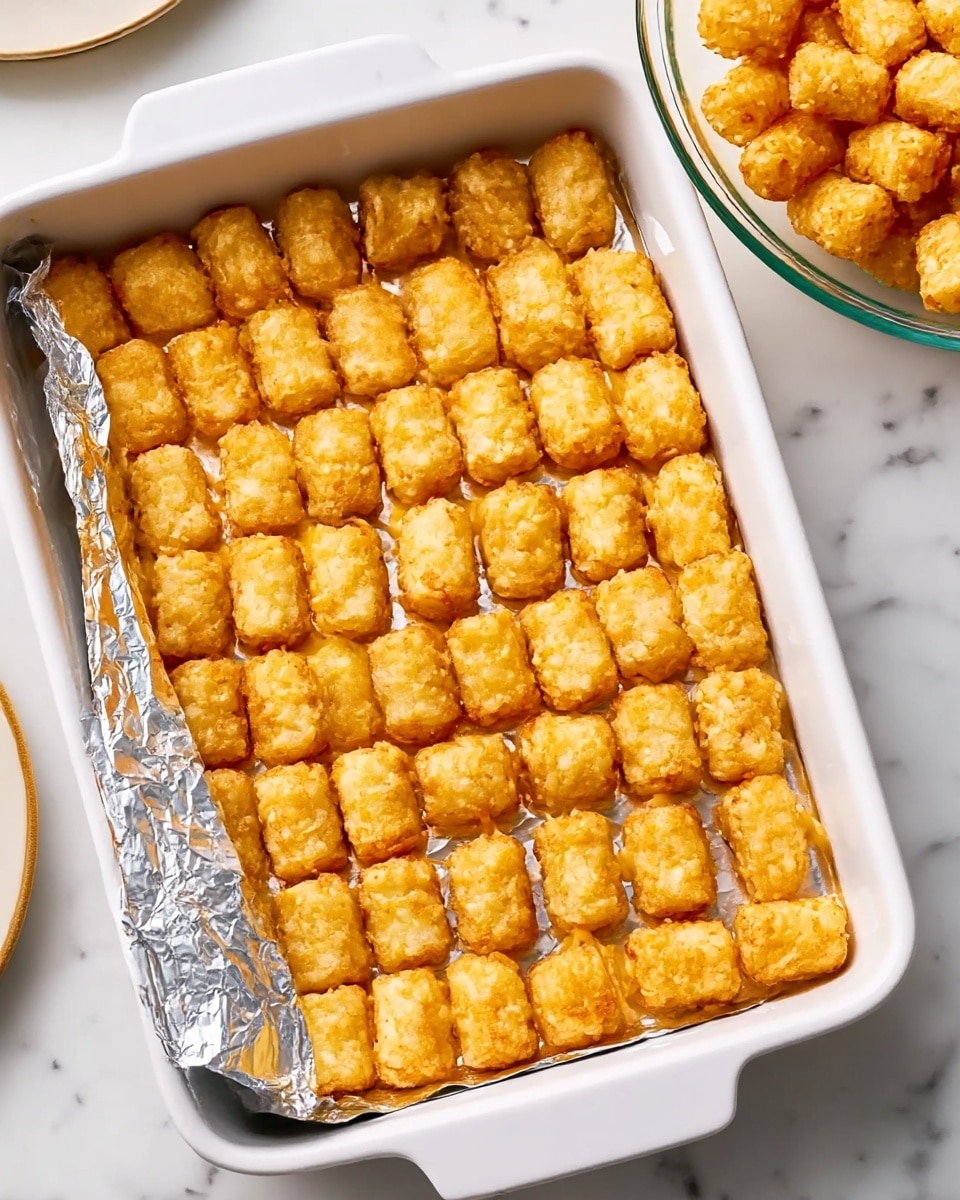 A white rectangular baking dish shows a single layer of small golden-brown tater tots arranged neatly in rows, covering the entire surface. The shiny silver foil is partially pulled back from the bottom left corner, revealing the evenly spaced crispy tater tots with their rough, crunchy texture. The dish is placed on a white marbled surface, with a partial view of a round glass bowl holding more tater tots in the top right corner. Photo taken with an iphone --ar 4:5 --v 7