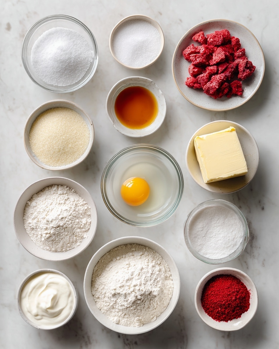 A top view of small white bowls filled with various baking ingredients arranged neatly on a white marbled surface, including granulated sugar, almond extract with a small amount of clear liquid, freeze-dried strawberries in bright red chunks, sour cream in a thick white texture, an egg showing the yellow yolk and clear white inside a glass bowl, baking powder as a fine white powder, all purpose flour with a soft white powdery look, confectioners' sugar showing a fluffy white texture, heavy cream in a small clear glass bowl, salt with small white crystals, freeze-dried strawberry powder in a vibrant red fine powder, and a small glass bowl with a pale yellow cube of butter photo taken with an iphone --ar 4:5 --v 7