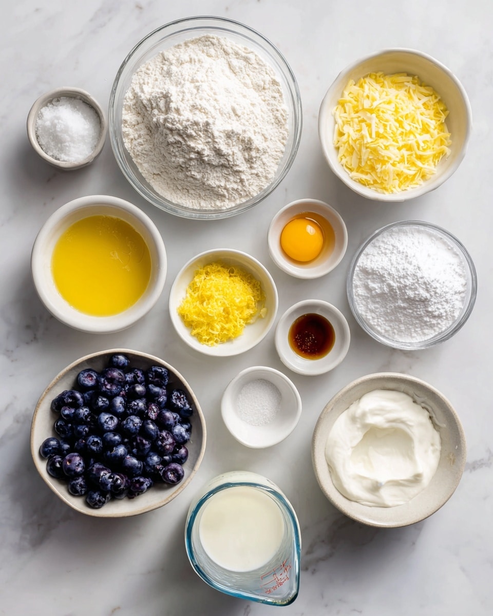 The image shows several clear and white bowls arranged on a white marbled surface, each holding a different baking ingredient. In the center is a medium-sized clear bowl filled with white all-purpose flour, next to a small white bowl of yellow butter shreds. Above the flour is a small white bowl with a cracked egg, showing a bright yellow yolk, and to the right is a small white bowl with white baking powder. Below the baking powder sits a small white bowl filled with bright yellow lemon zest. Below the butter is a small clear bowl with light yellow lemon juice. To the bottom left is a white bowl of dark blue blueberries. On the bottom right is a clear glass measuring cup filled with white heavy cream. Near the heavy cream is a small white bowl of white confectioners' sugar, and to the bottom left of that is a tiny white bowl with salt. The bottom right corner also has a small white bowl filled with brown vanilla extract. All items are labeled by text, and the whole scene is bright and clean. Photo taken with an iphone --ar 4:5 --v 7