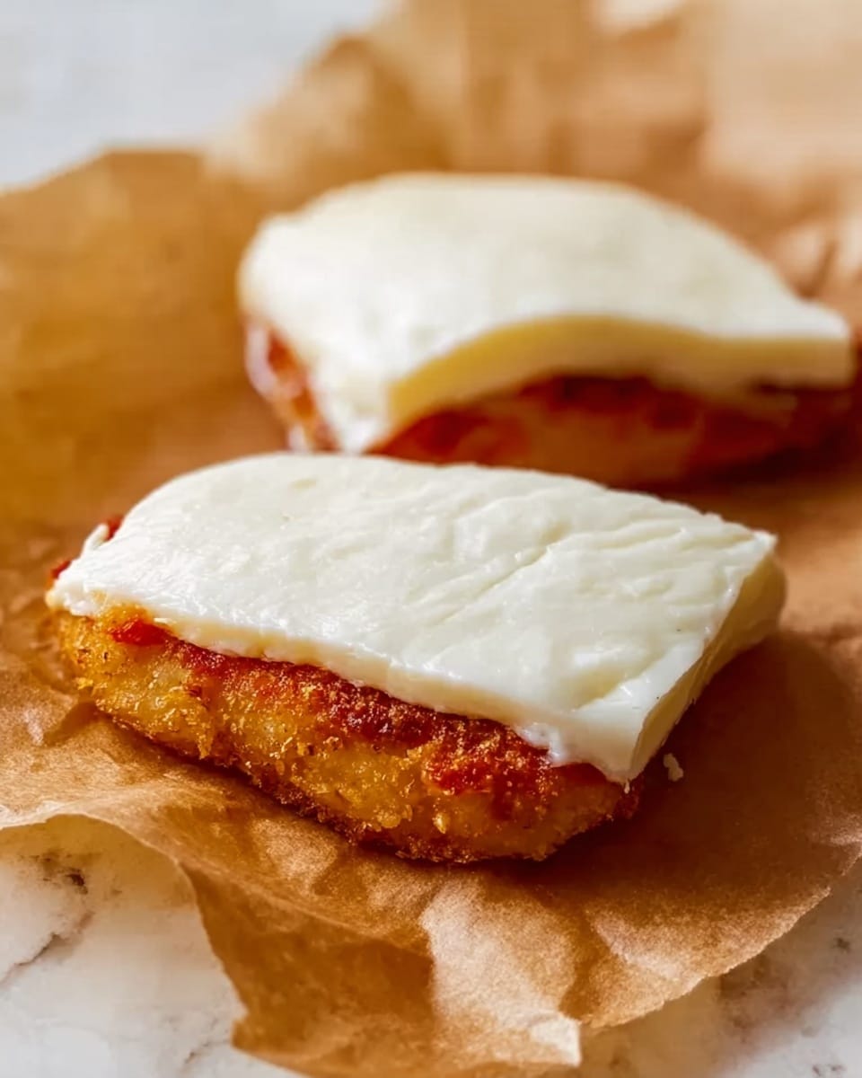 The image shows two pieces of food on a white marbled surface covered with brown parchment paper. Each piece has two main layers: the bottom layer is a golden brown fried item with a rough texture, and the top layer is a thick, smooth, white slice placed neatly on top. The fried layer looks crispy and slightly uneven, while the white slice has visible small cracks and a creamy appearance. The top layer covers most of the fried base, with a bit of reddish sauce peeking out between them. Photo taken with an iphone --ar 4:5 --v 7