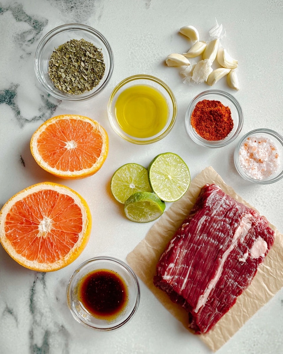 The image shows ingredients arranged on a white marbled surface. In the center, there are two bright orange slices and five green lime slices scattered around them. To the left, there is a small clear glass bowl with green dried oregano and above that, a small clear bowl with yellow oil. At the top, there is a small cluster of white garlic cloves, and a small clear bowl with red chili powder above them. On the right side, there is a large piece of raw skirt steak on brown parchment paper. Below the steak, there is a small clear bowl with dark amber agave syrup and another small clear bowl with light pink salt. Photo taken with an iphone --ar 4:5 --v 7