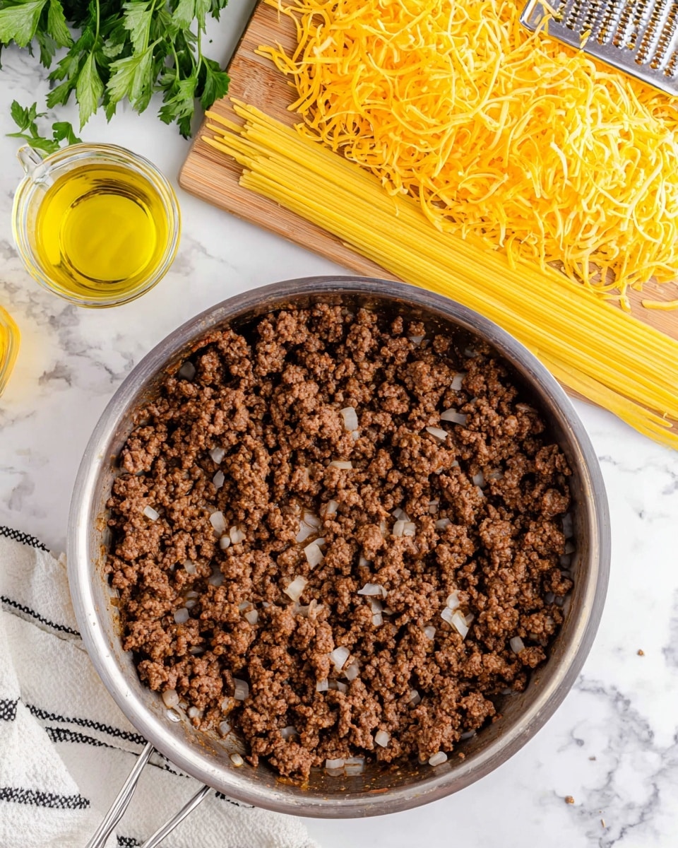 The image shows a large round silver pan filled with cooked ground beef mixed with small pieces of translucent onion, spreading evenly inside. Above the pan on a white marbled surface, there is uncooked long yellow pasta laid straight next to a pile of bright orange shredded cheese on a wooden cutting board with a metal grater. To the right of the board, a small glass container with yellow oil is placed. Some fresh green parsley leaves peek into the left corner. A white cloth with black lines is partly visible on the lower right side. The photo taken with an iphone --ar 4:5 --v 7