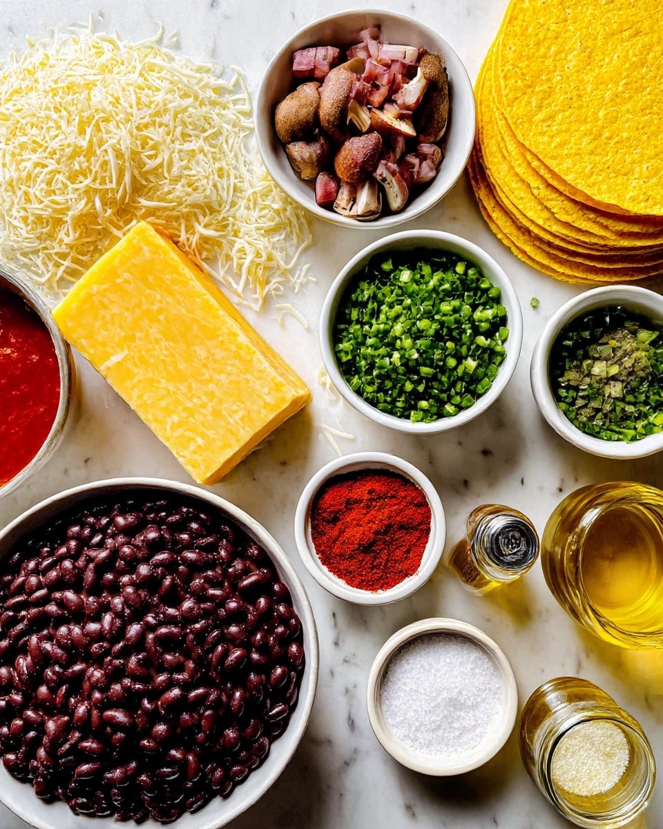 The image shows many ingredients placed neatly on a white marbled surface. There is a large bowl of black beans with a smooth, shiny texture in the bottom left and a block of yellow and white marbled cheese nearby, with some shredded cheese scattered next to it. A small bowl filled with green chopped vegetables sits on the right side near a stack of yellow corn tortillas. Above the cheese, there's a small bowl with diced brown mushrooms, and next to it, a small dish of bright red chili powder. A bowl with a dark red sauce and a bowl with white granulated salt are also visible, along with a small jar of golden oil. A woman's hand is not pictured but implied by the arrangement of the items. All items are arranged clearly and brightly around the center of the image. photo taken with an iphone --ar 4:5 --v 7