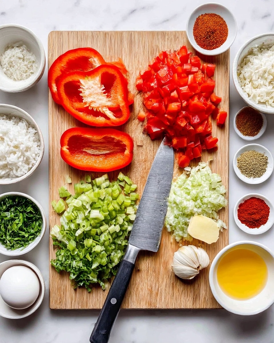 A top-down view of a wooden cutting board on a white marbled surface, with three large slices and small diced pieces of red bell pepper arranged neatly on the left and center of the board. Next to them are finely chopped celery and minced garlic placed near the bottom left and bottom right of the board. A large silver knife with a black handle is placed diagonally on the right side of the board. Around the board, there are small white bowls containing various ingredients such as white rice, butter, an egg, cream, yellow oil, chopped green onions, finely chopped cilantro, and small piles of spices including a red powder and mustard-colored powder. The overall scene is bright and clean, showing all ingredients ready for cooking. Photo taken with an iphone --ar 4:5 --v 7