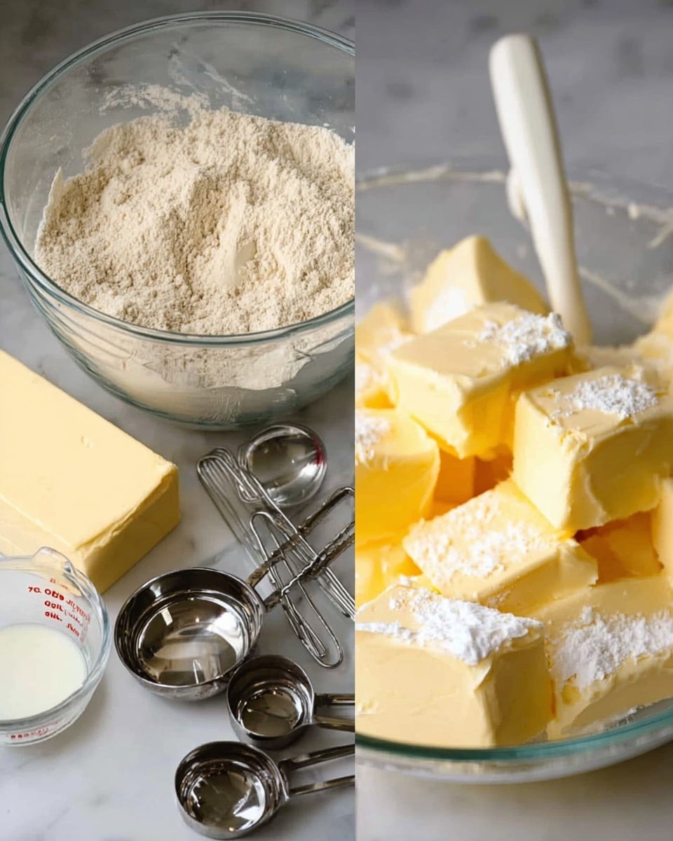 The image shows two side-by-side photos: the left side has a clear glass mixing bowl filled with light beige flour placed on a white marbled surface, with a glass measuring cup of cream, a block of butter, and three metal measuring cups and spoons arranged in front; the right side features a close-up of a clear mixing bowl containing several large chunks of pale yellow butter sitting on top of white powdered sugar, with a white mixing paddle in the center of the bowl. photo taken with an iphone --ar 4:5 --v 7