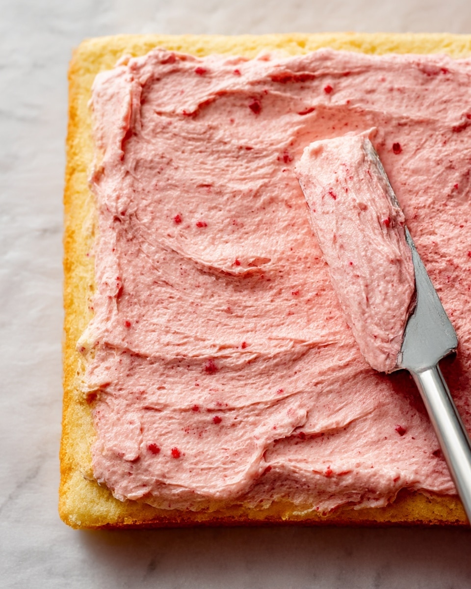 A close-up of a light golden rectangular sponge cake layer with slightly raised edges, lying on a white marbled surface. On top, there is one thick layer of pink creamy frosting mixed with small pieces of red fruit spread evenly using a metal spatula shown in the right side applying the creamy layer. The frosting has a smooth but slightly chunky texture with soft peaks and visible fruit bits throughout. photo taken with an iphone --ar 4:5 --v 7