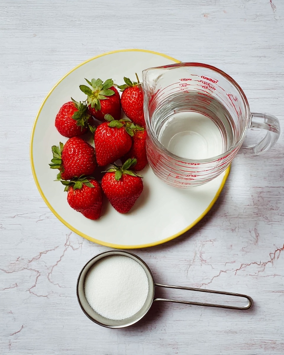 A round white plate with a thin yellow edge holds a group of bright red strawberries with green leaves on top, showing a mix of shiny and textured surfaces. To the right, a clear glass measuring cup with red markings is half-filled with water, showing smooth and transparent textures. Below the cup, a metal measuring cup filled with fine white sugar sits on a white marbled surface with faint gray veins, creating a clean and simple background. Photo taken with an iphone --ar 4:5 --v 7