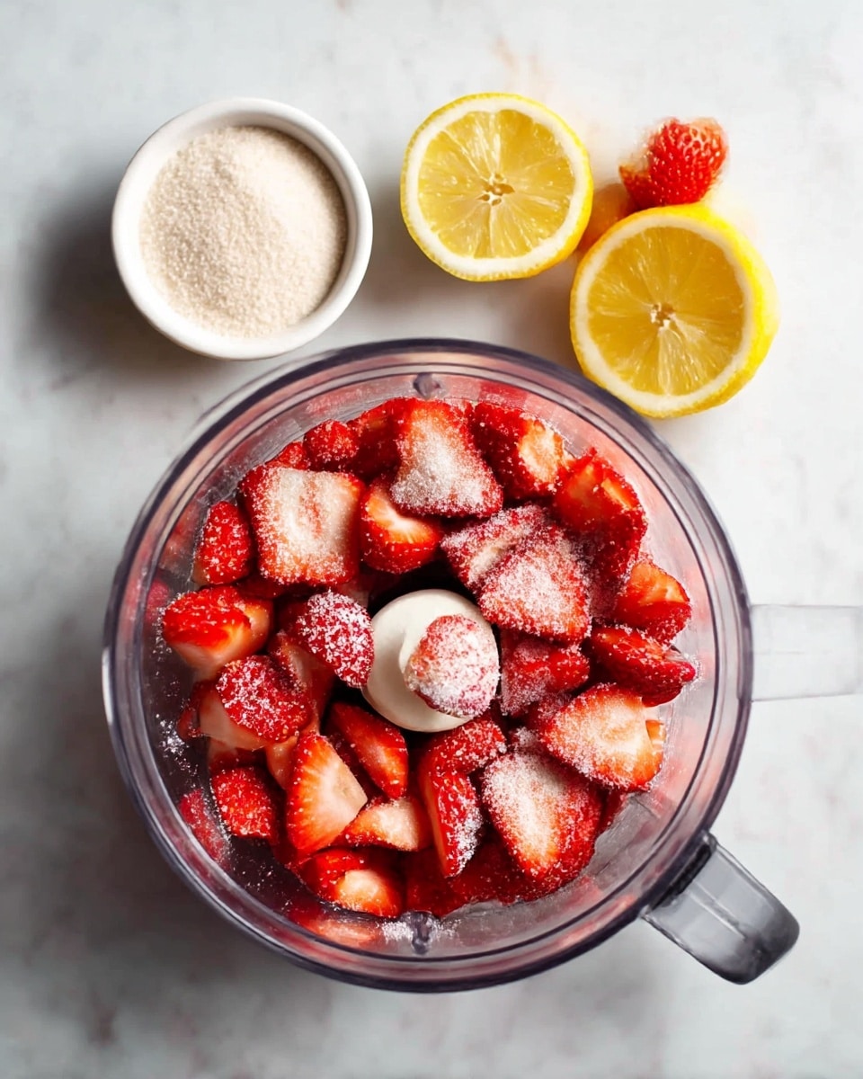 A clear food processor bowl is filled with cut strawberries and sprinkled with sugar, showing bright red fruit pieces with white sugar crystals on top. Next to the bowl are two lemon halves and a small white bowl filled with sugar, all placed on a white marbled surface. The strawberries look fresh and juicy, packed close together inside the bowl. Photo taken with an iphone --ar 4:5 --v 7