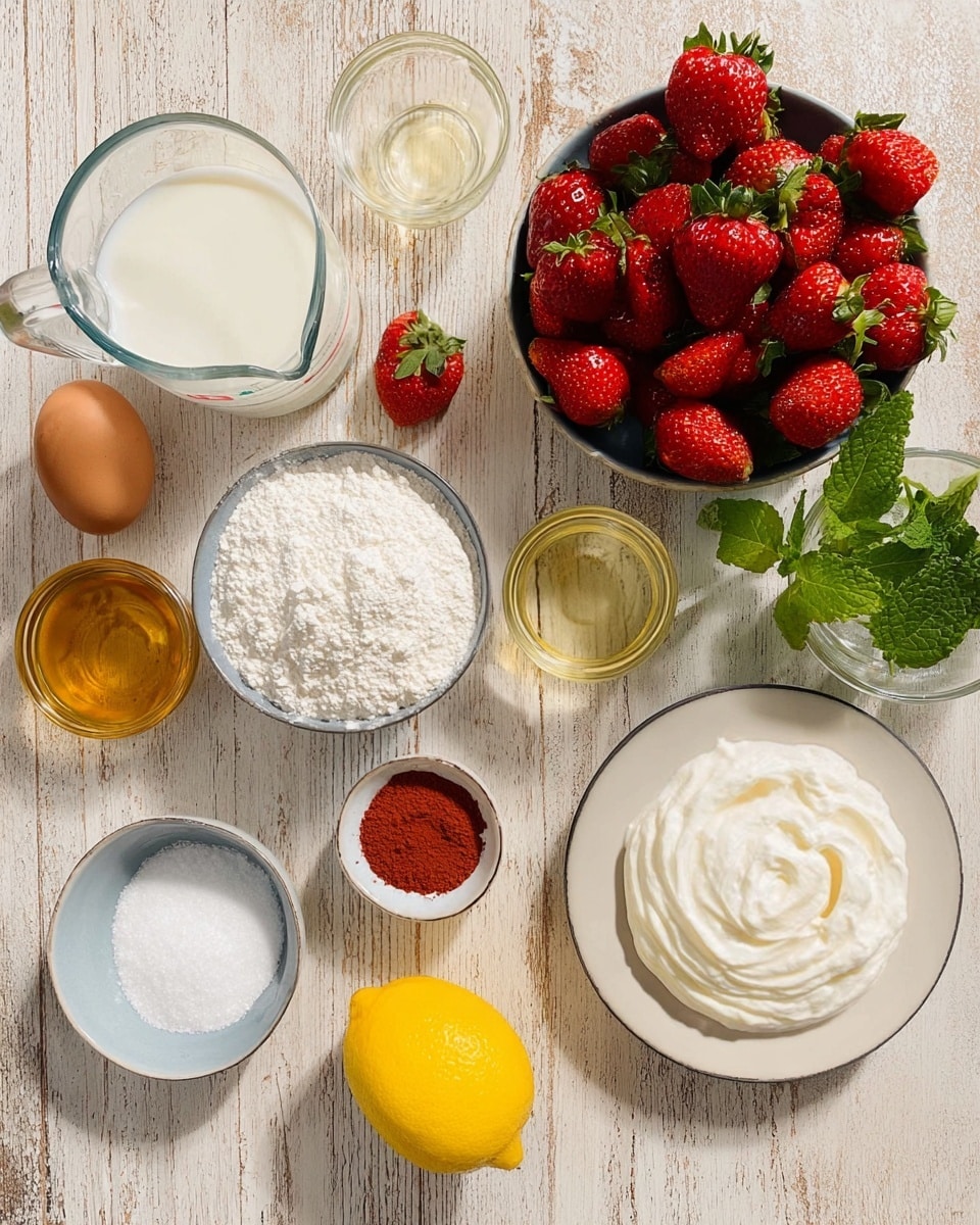 The image shows a white wooden table with various ingredients arranged on it. There is a white bowl filled with red strawberries with green leaves in the center right. Next to it on the right is a white plate holding a swirl of white cream. Nearby, there is a yellow lemon and a small white bowl with red powder. At the top right corner, fresh green mint leaves rest on a small white plate. On the left side, a clear glass measuring cup contains white milk. Below it, small white bowls hold salt, sugar, and baking powder, along with a glass container filled with golden syrup. A single brown egg rests near a white bowl filled with a light beige flour mixture. The background is a white marbled textured surface. Photo taken with an iphone --ar 4:5 --v 7