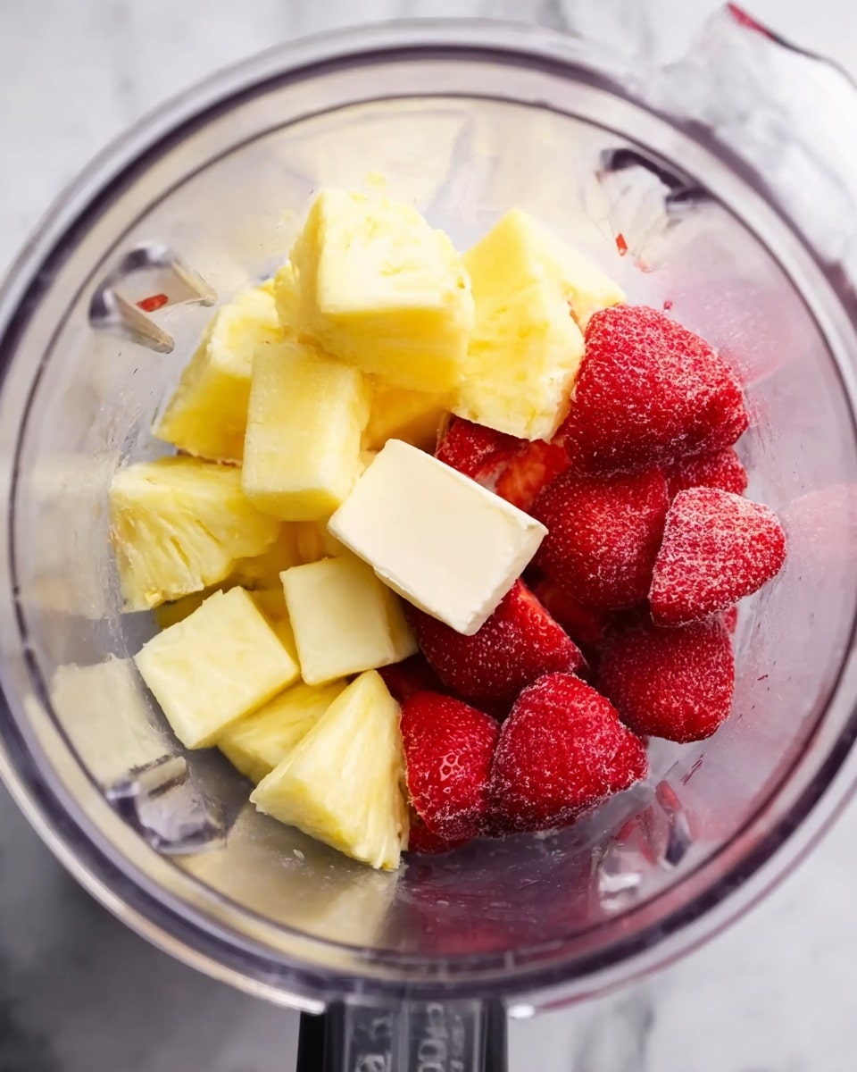Inside a clear blender, there are three main layers of ingredients: a group of frozen strawberries on the right, showing a bright red color with a slightly rough texture; on the left, several cubes of frozen pineapple with a light yellow, icy appearance; and on top of the pineapple cubes, three small pale yellow butter pieces with a smooth surface. The blender sits on a white marbled surface, and the photo is taken from above, showing the inside clearly photo taken with an iphone --ar 4:5 --v 7